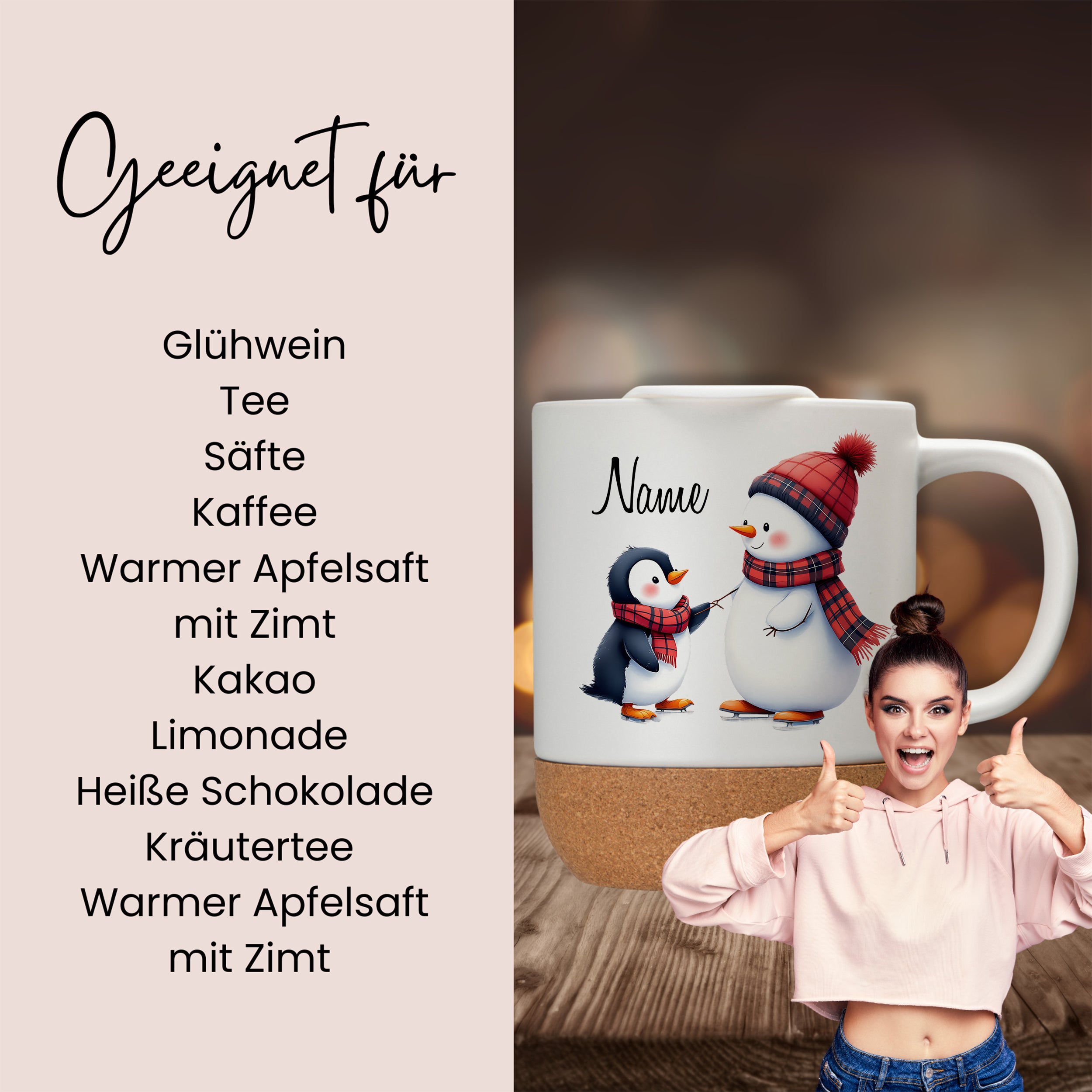 Tasse mit Schneemann-Design, beige, für heiße Getränke.
