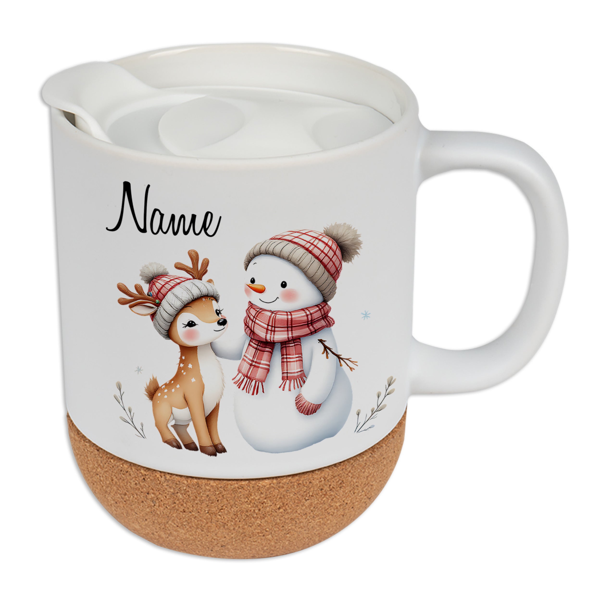 Kaffeebecher mit Schneemann und Reh, weiß mit Korkboden.