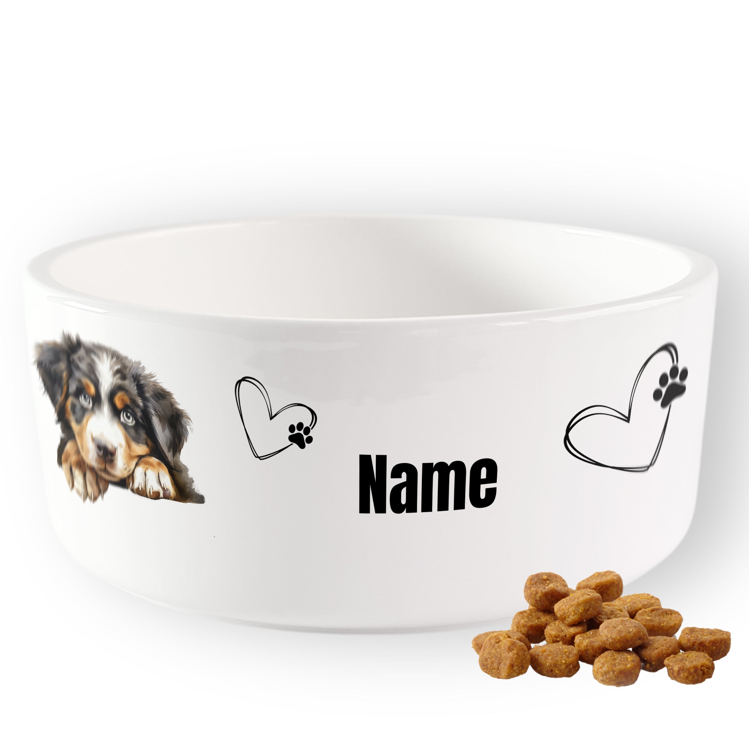Hunde-Napf in Weiß mit Welpenmotiv und personalisierbarem Namen.