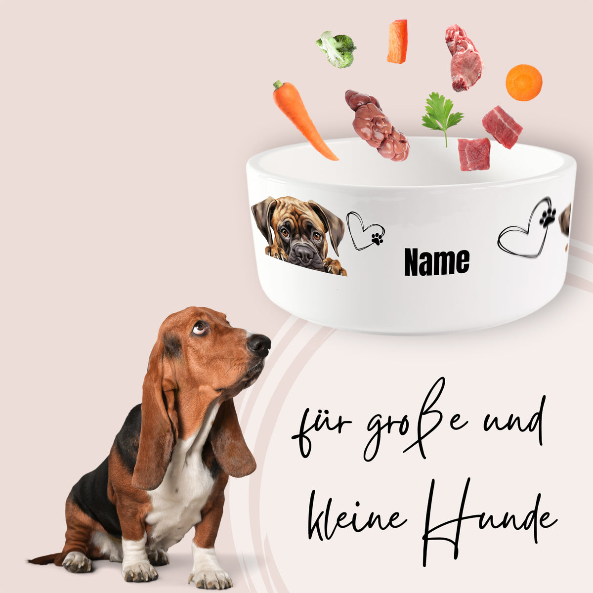 Hunde-Napf in Weiß mit Bildern und Namen, für große und kleine Hunde.