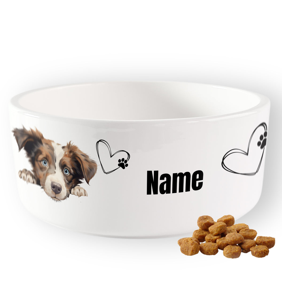 Hunde-Napf in Weiß mit Hundemotiv und personalisierbarem Namen.