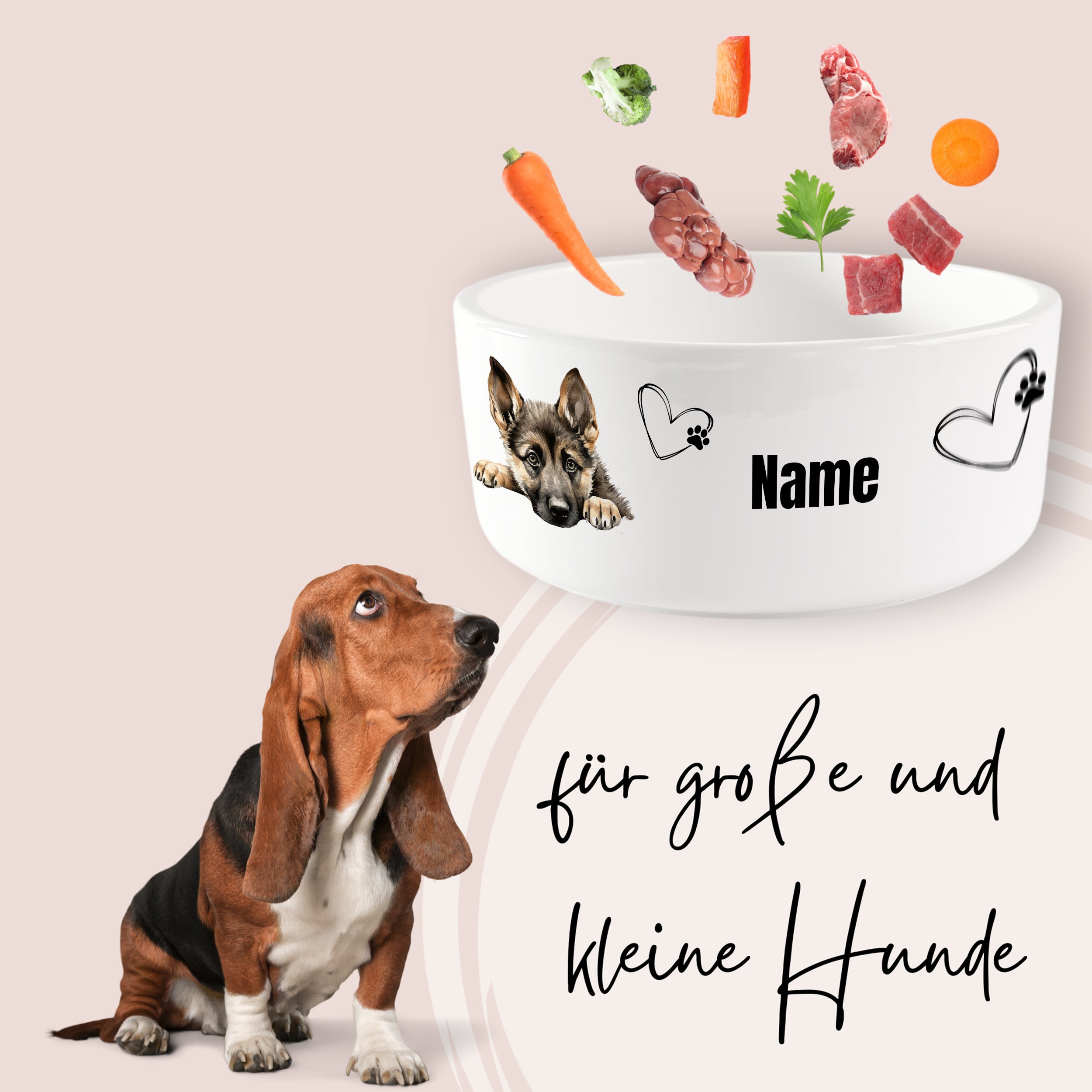 Hunde-Napf mit Namen, Gemüse und Fleisch, für große und kleine Hunde.