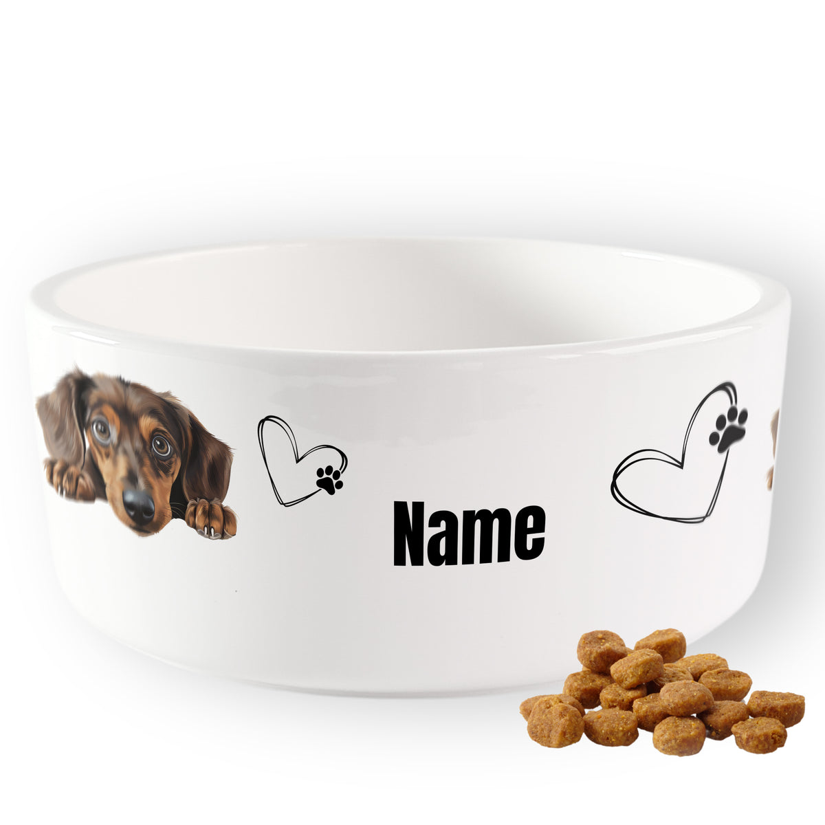 Hunde-Napf in Weiß mit personalisierbarem Namen und Hundemotiv.