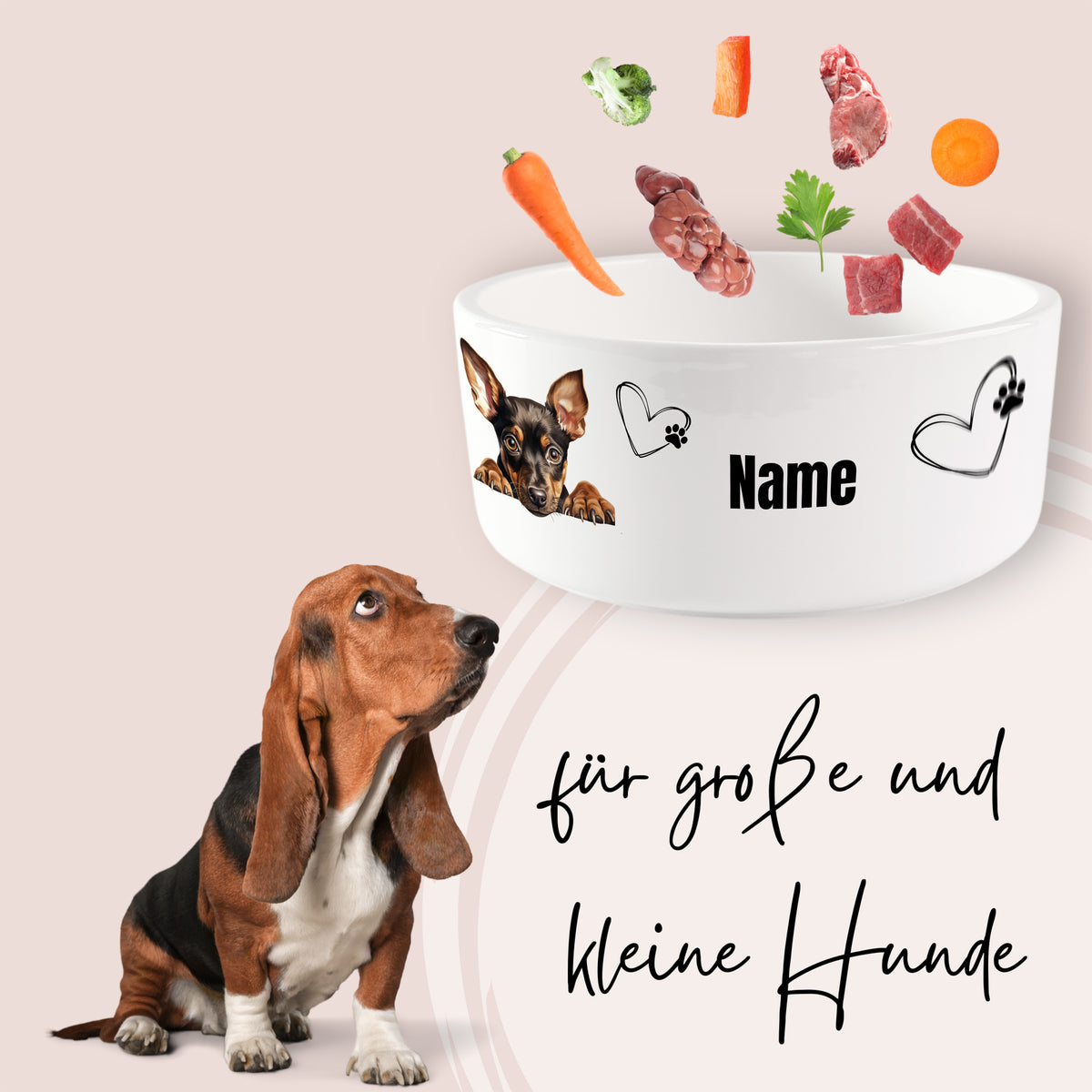 Hunde-Napf in Weiß mit personalisierbarem Namen und buntem Futter.
