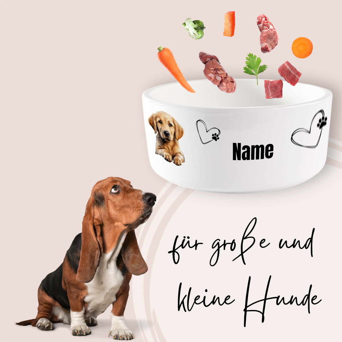 Hunde-Napf mit personalisierbarem Namen und buntem Futter.