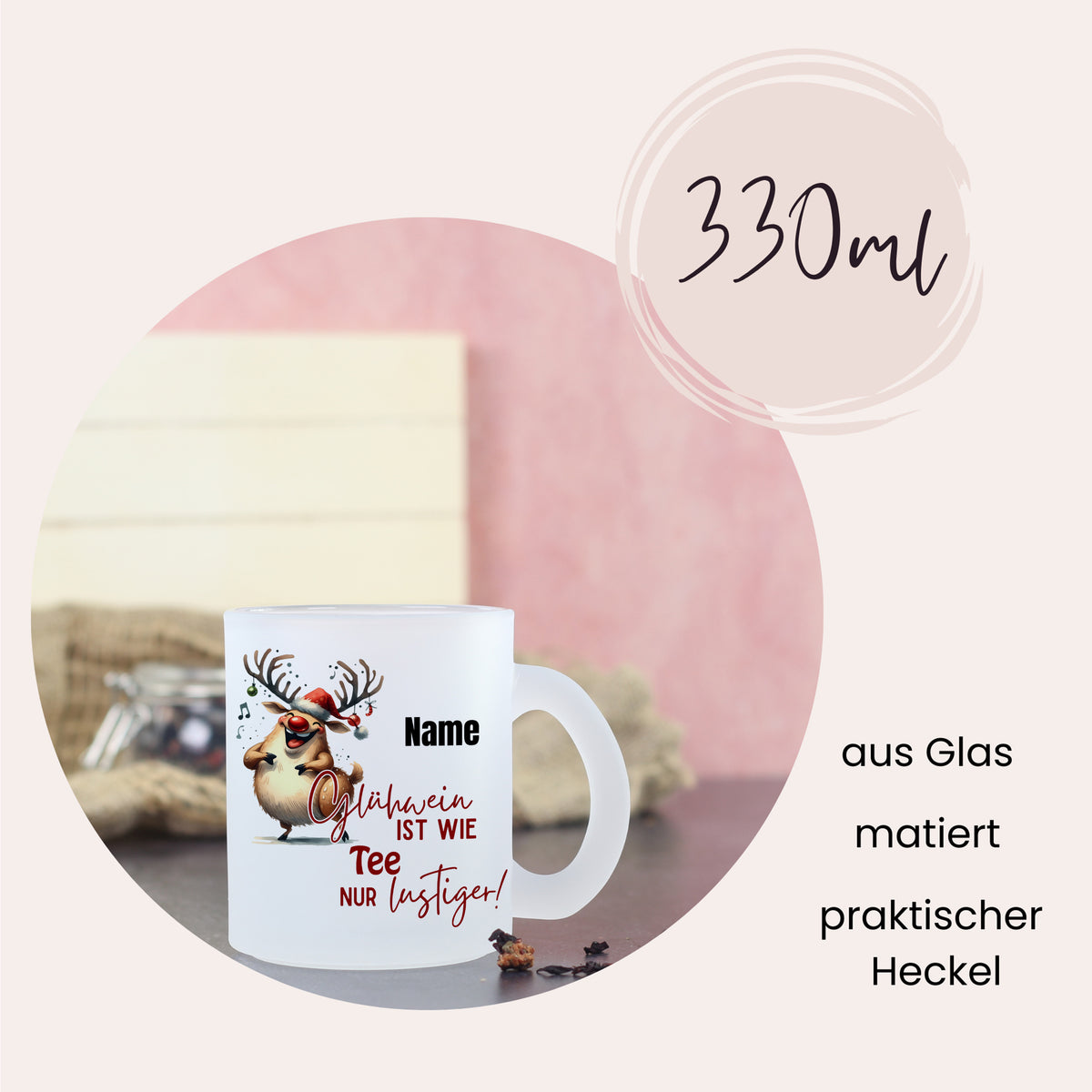 Tasse aus Glas, 330ml, mit lustigem Rentier-Motiv.