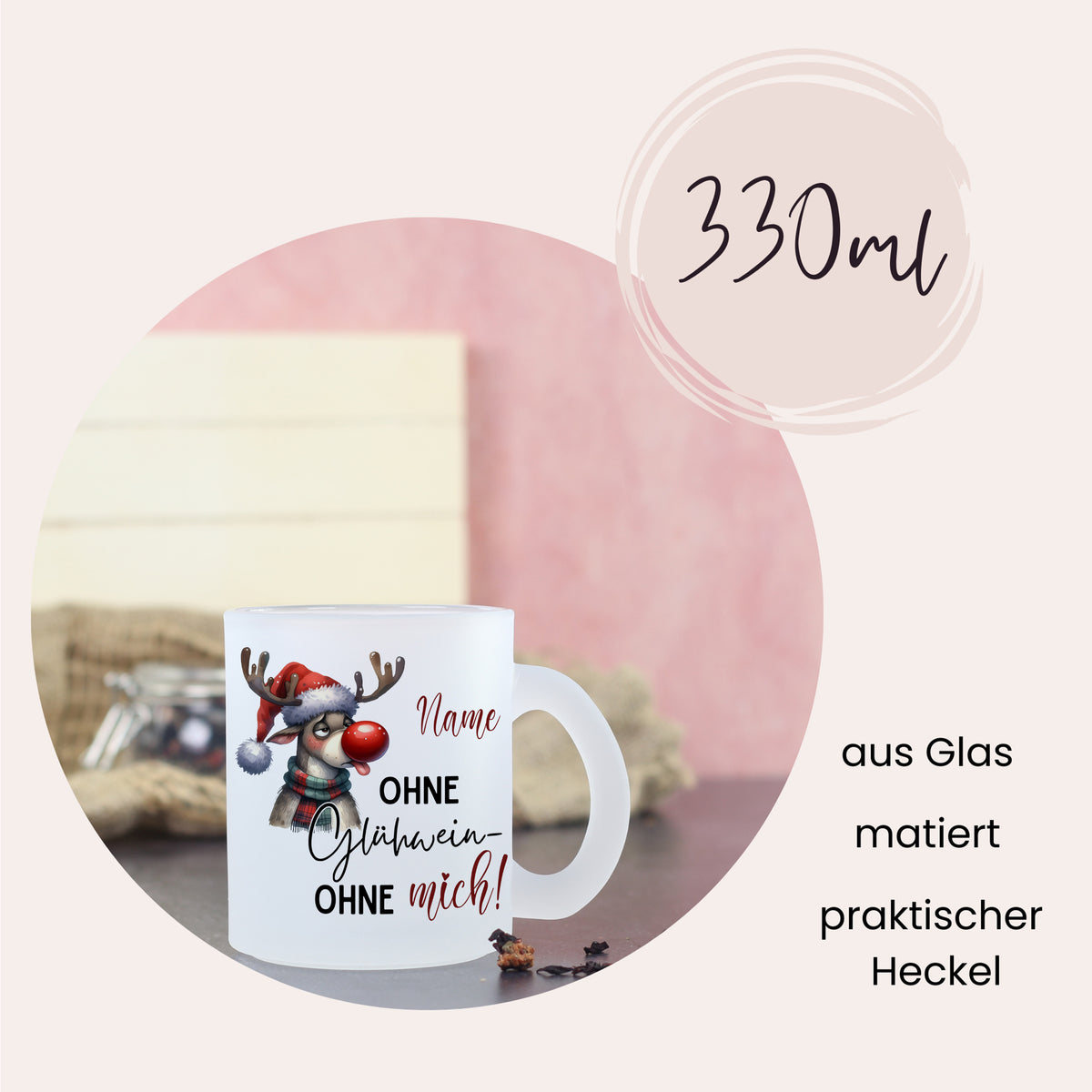 Glasbecher mit Weihnachtsmotiv, 330ml, matte Oberfläche.