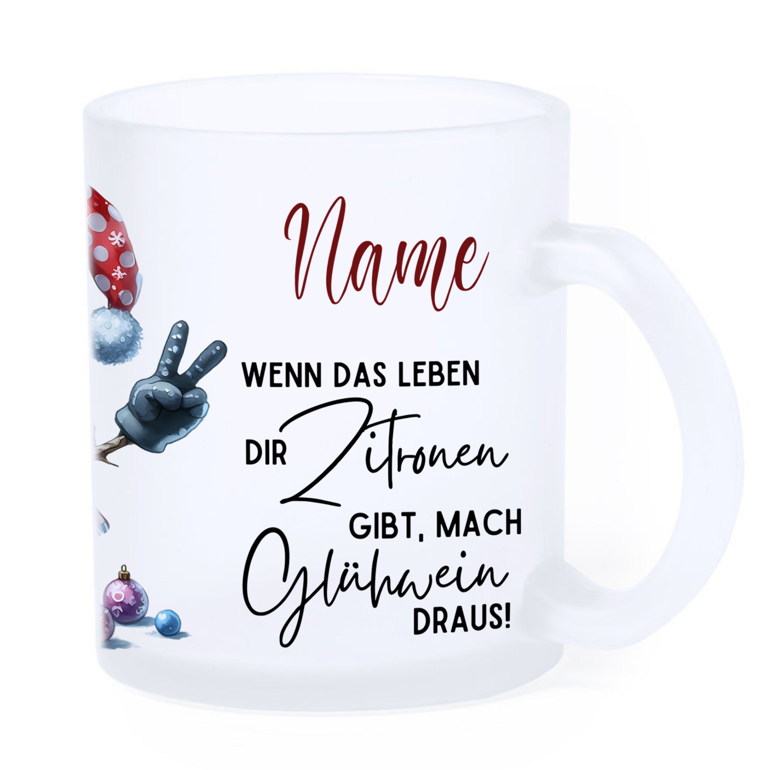 Frosted Becher mit lustigem Glühwein-Spruch und Weihnachtsmotiven.