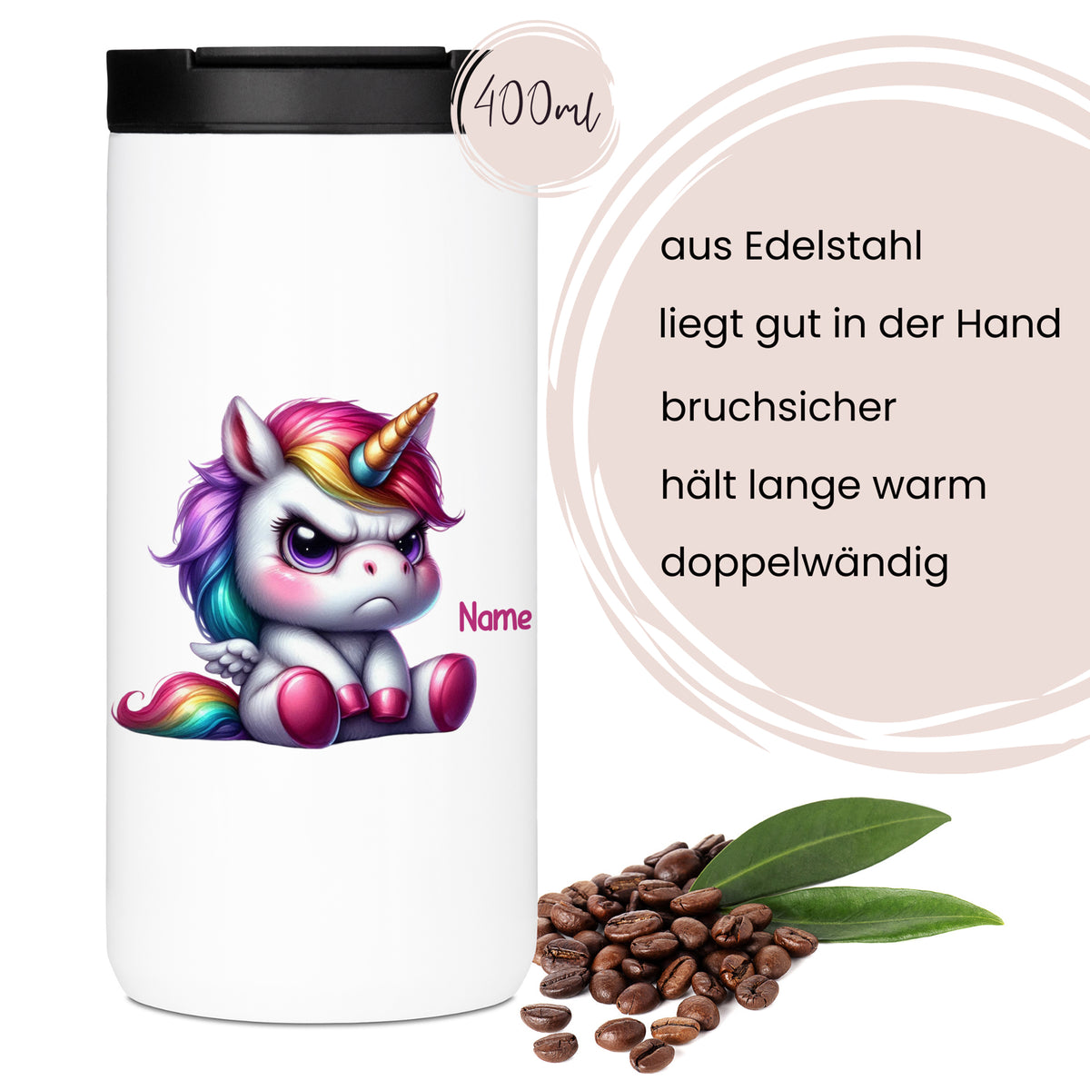 Edelstahlbecher mit Einhorn-Motiv, 400ml, doppelwandig.