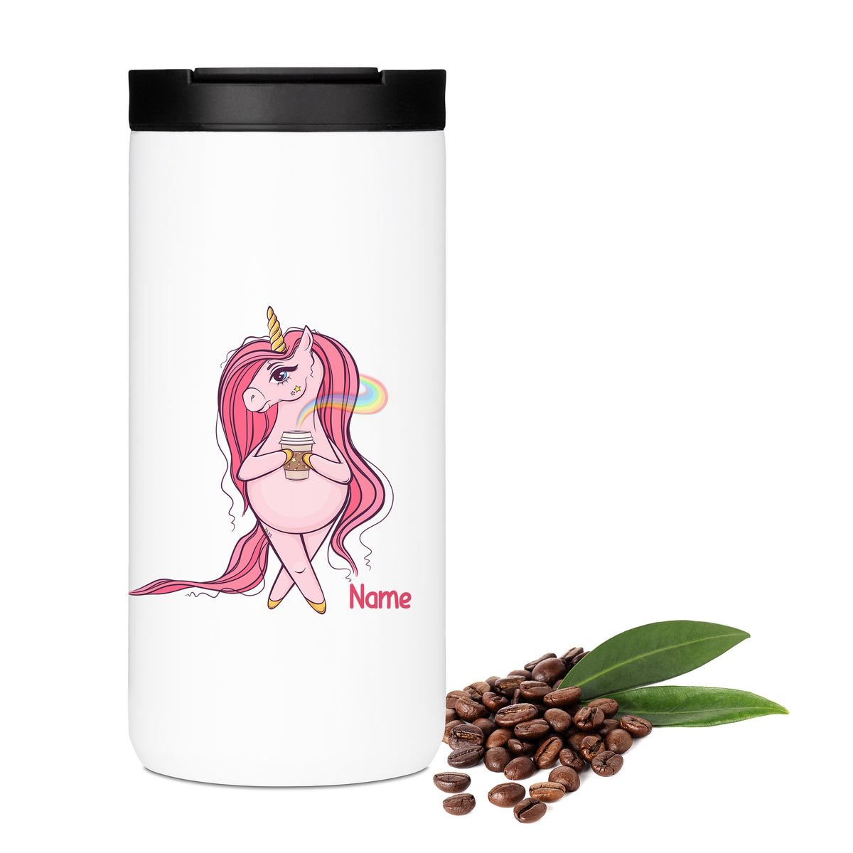 Weißer Becher mit Einhorn-Motiv und personalisierbarem Namen.