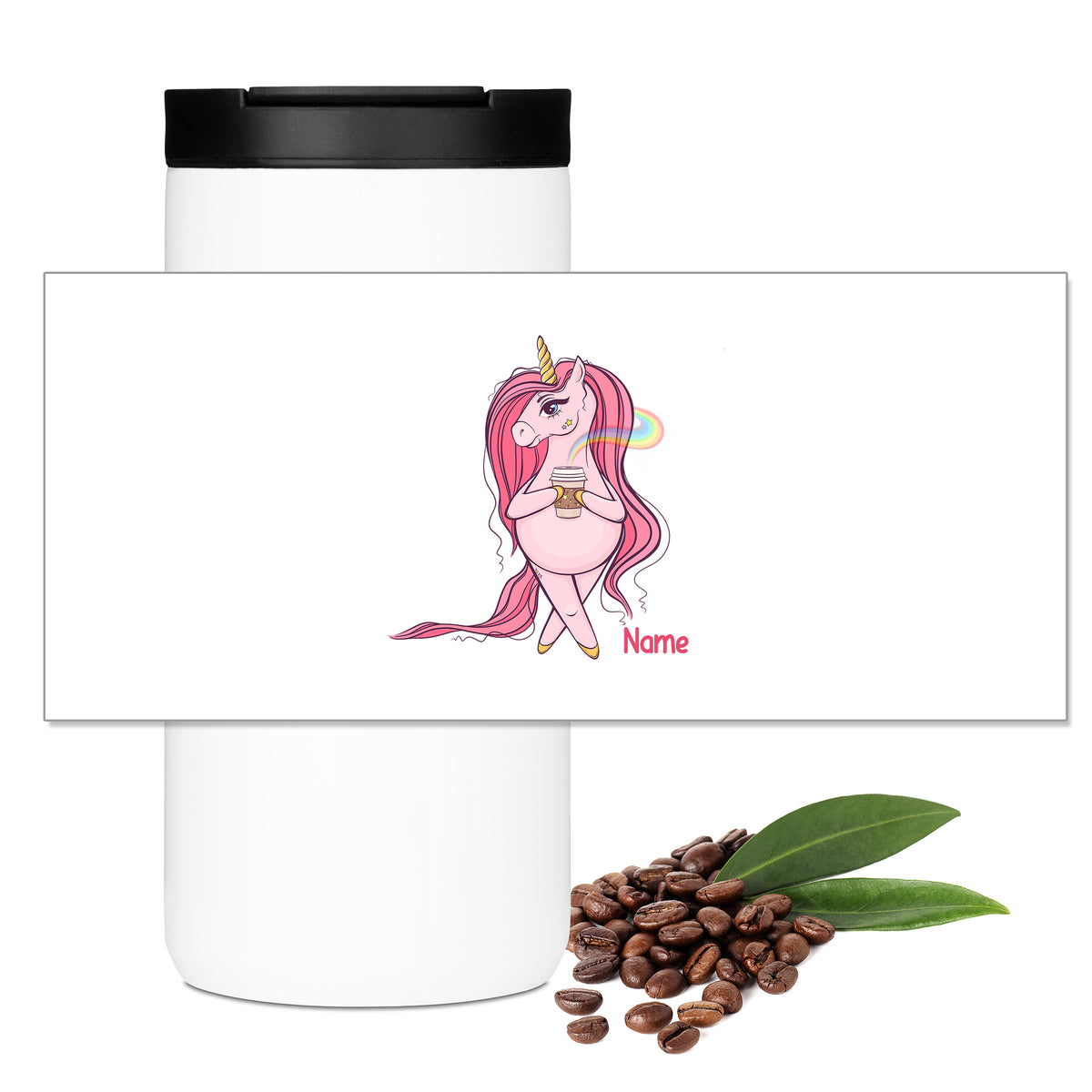 Weißer Becher mit pinkem Einhorn und Kaffeetasse.