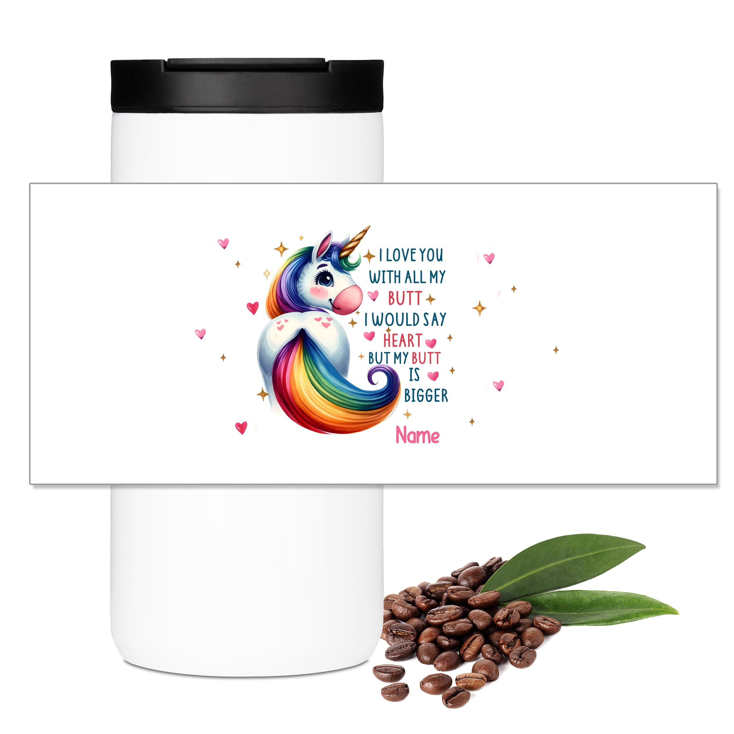 Weißer Becher mit buntem Einhorn und Text.
