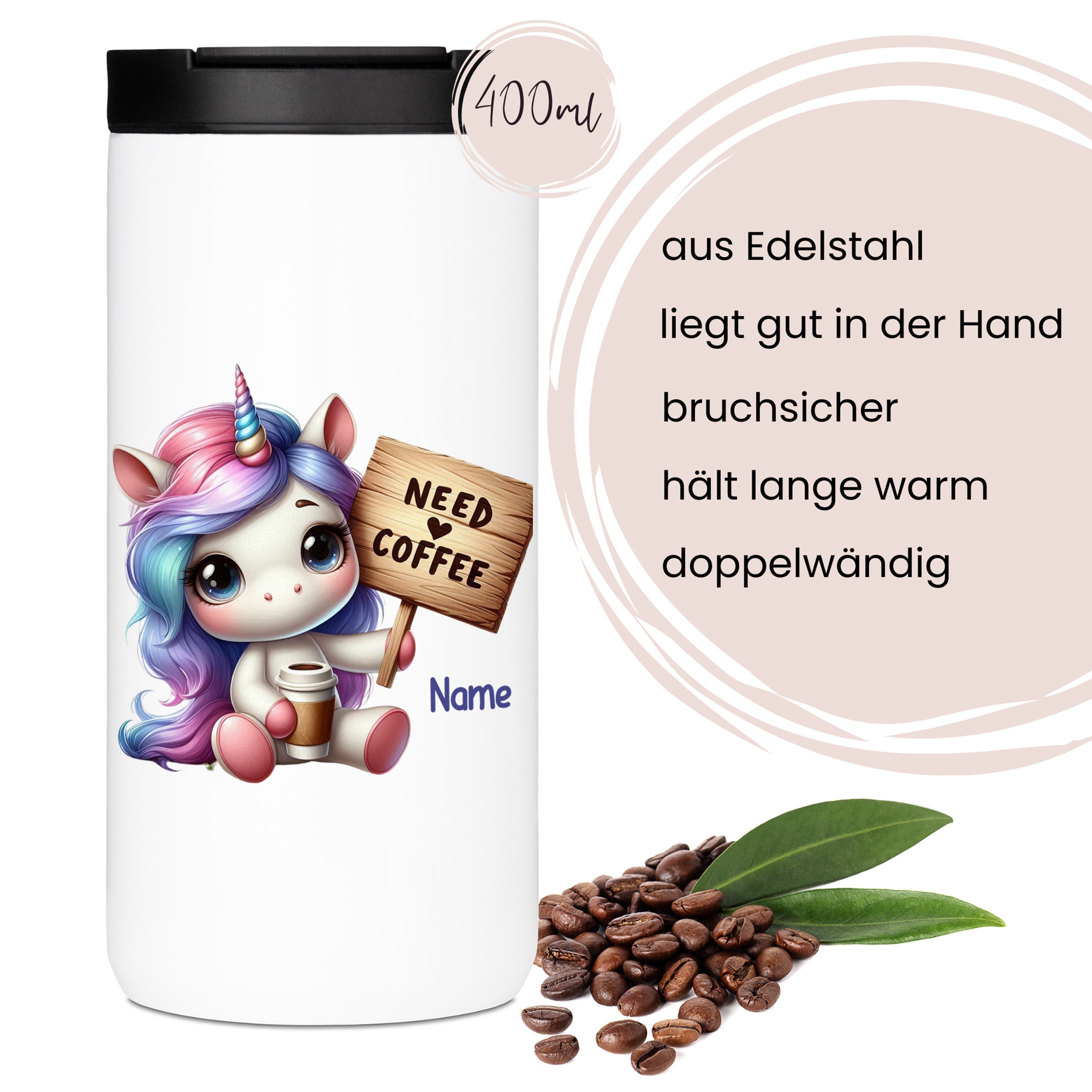 Edelstahlbecher mit Einhorn-Motiv, 400ml, bruchsicher.
