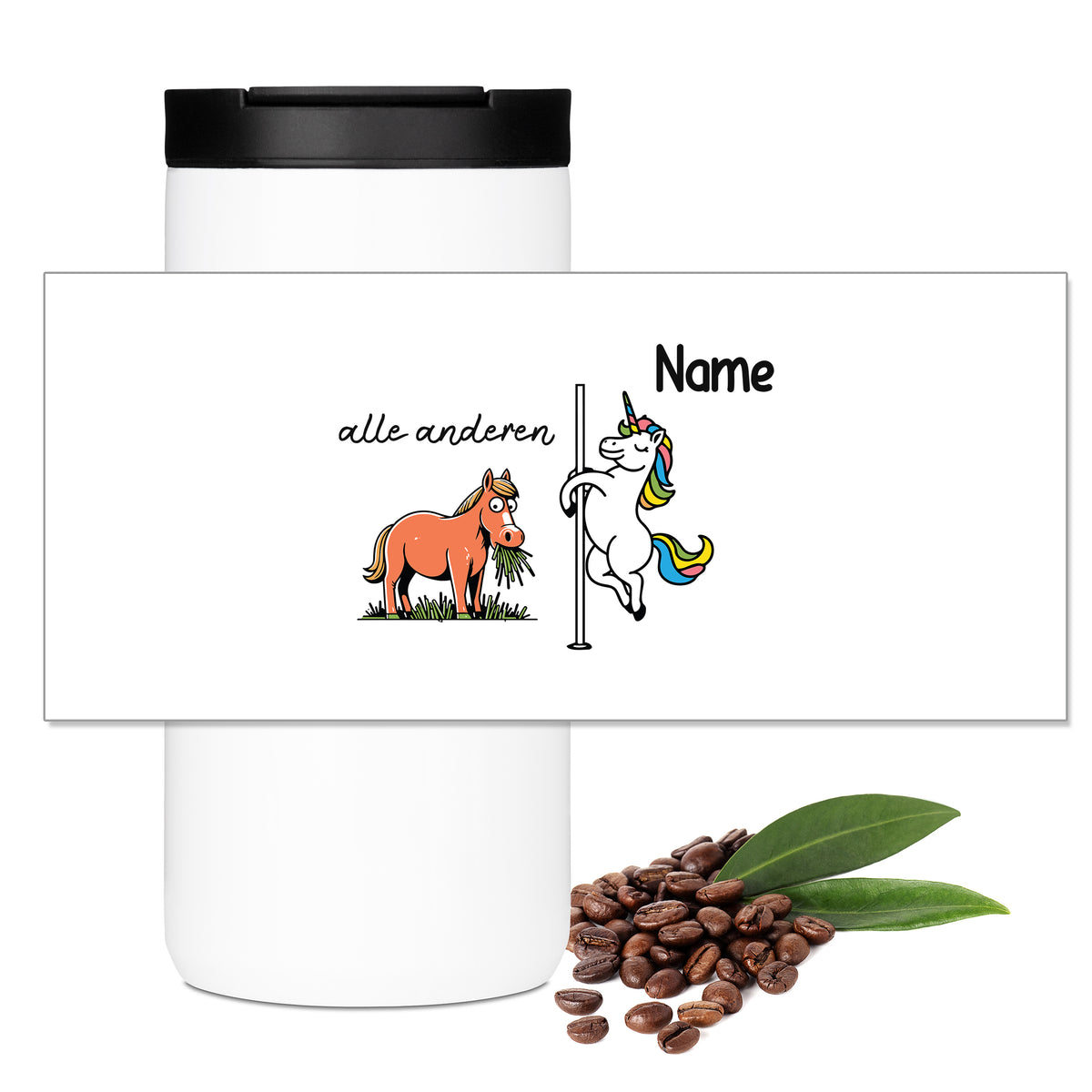 Weißer Becher mit Pferd, Einhorn und personalisierbarem Namen.