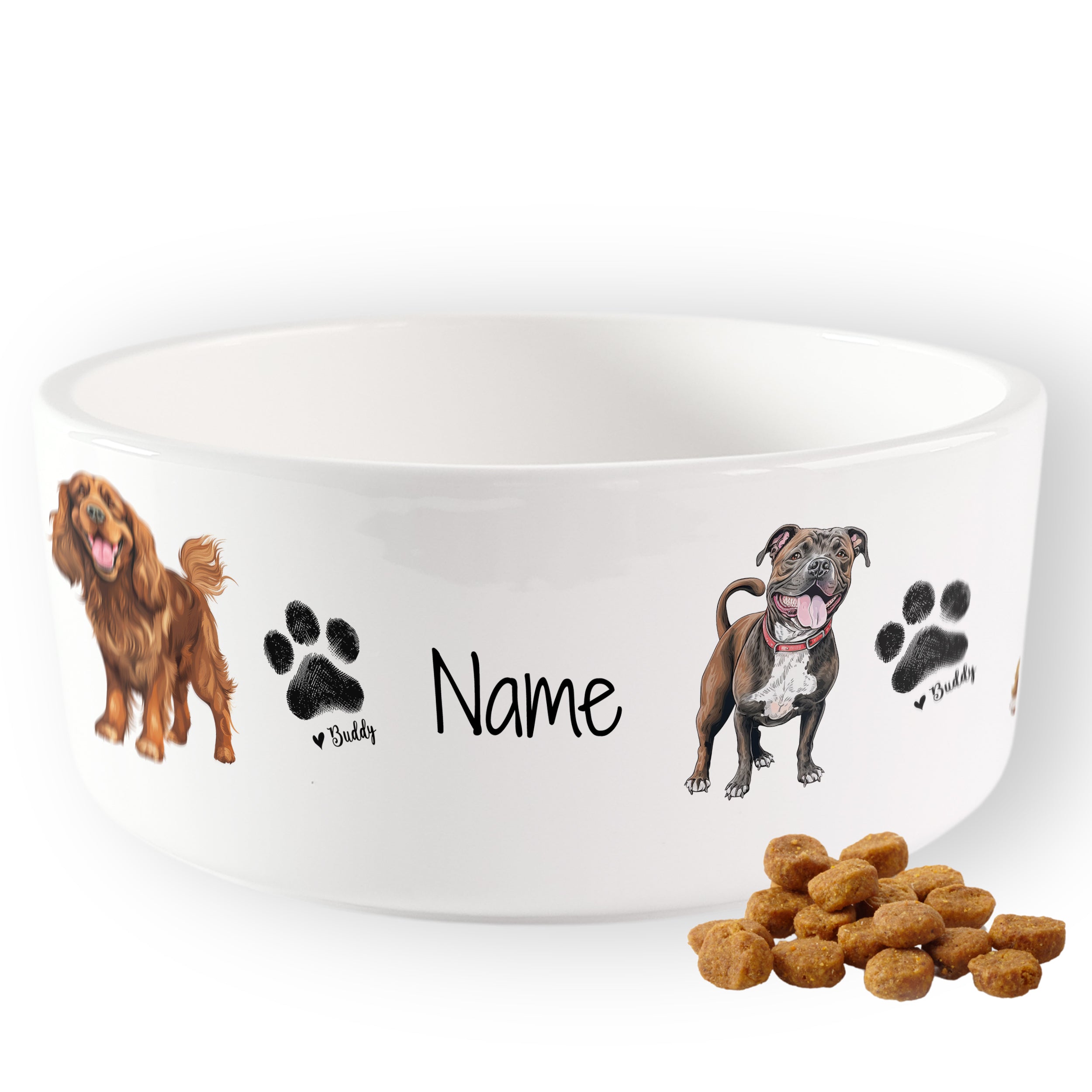 Hunde-Napf in Weiß mit Tiermotiven und personalisiertem Namen.