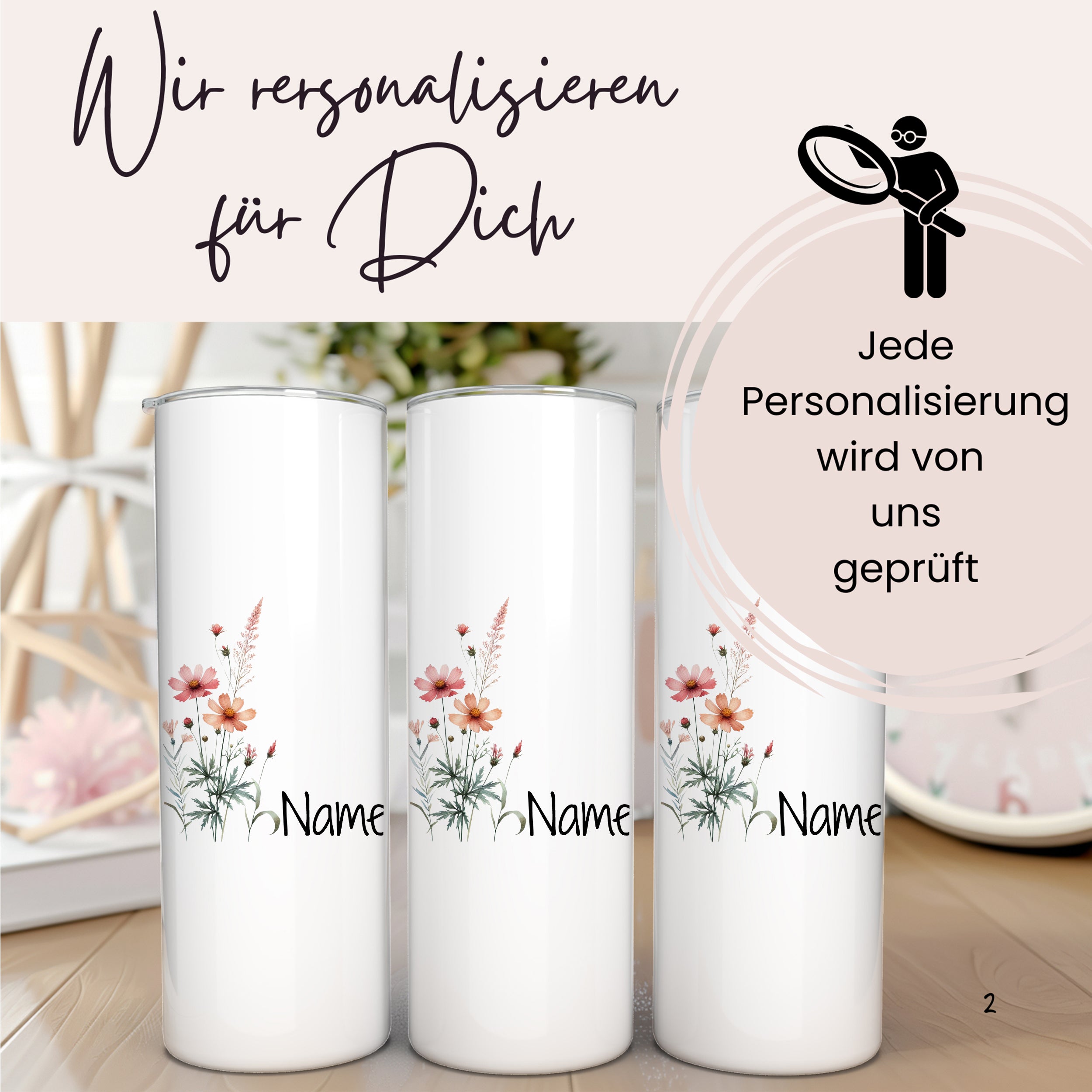 Personalisierte, weiße Trinkbecher mit floralen Motiven.