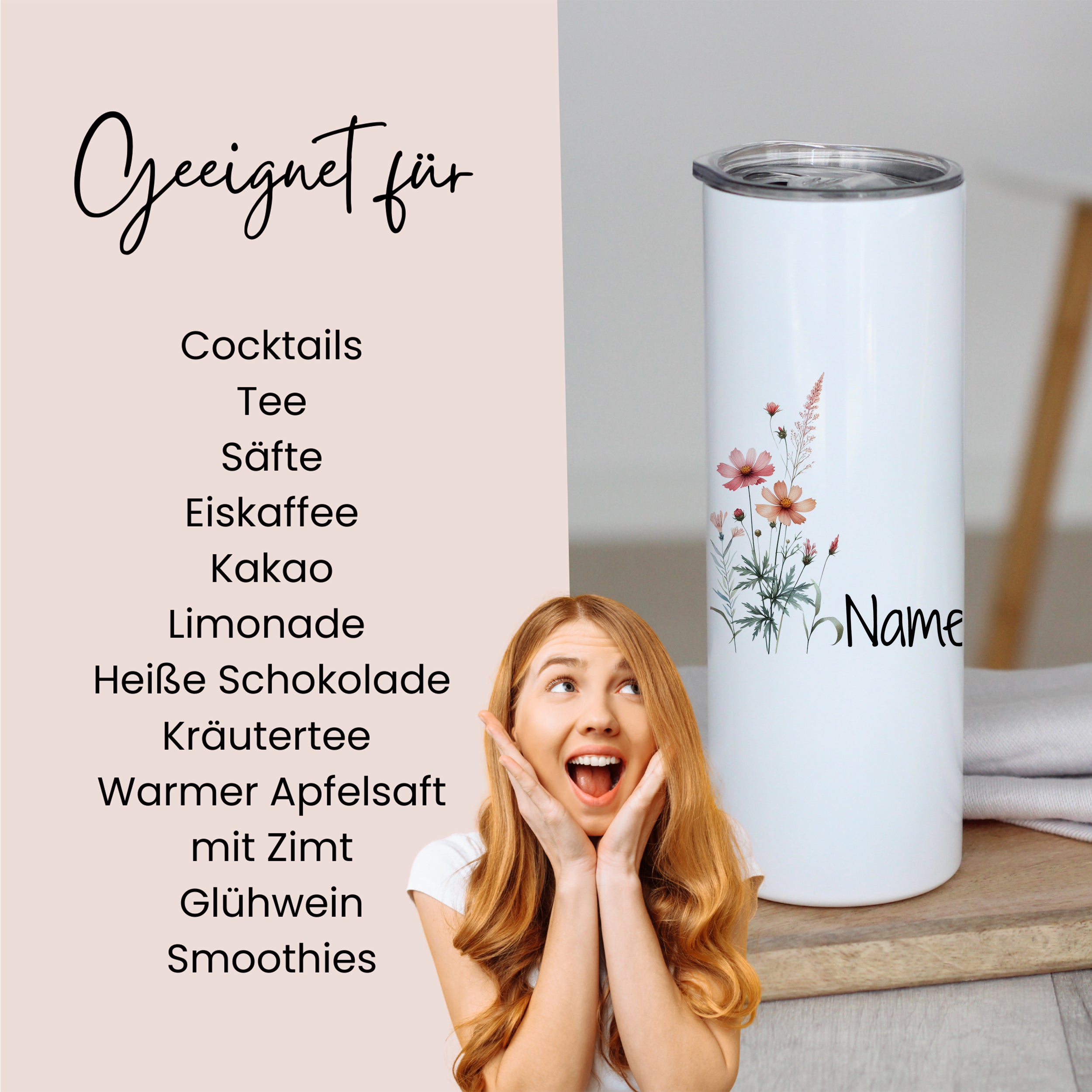 Weißer Trinkbecher mit Blumenmotiv, geeignet für verschiedene Getränke.