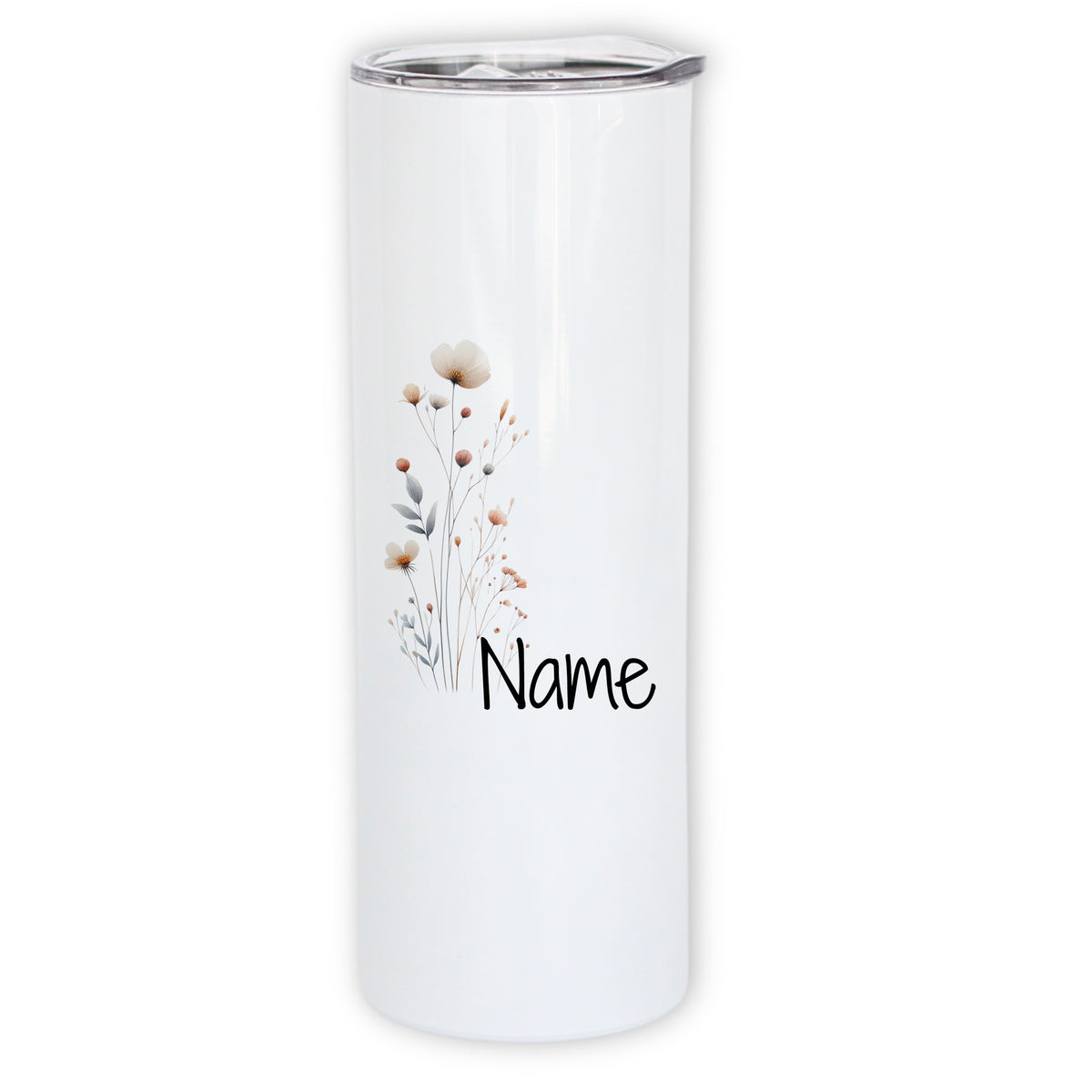 Weißer Becher mit floralen Motiven und personalisierbarem Namen.