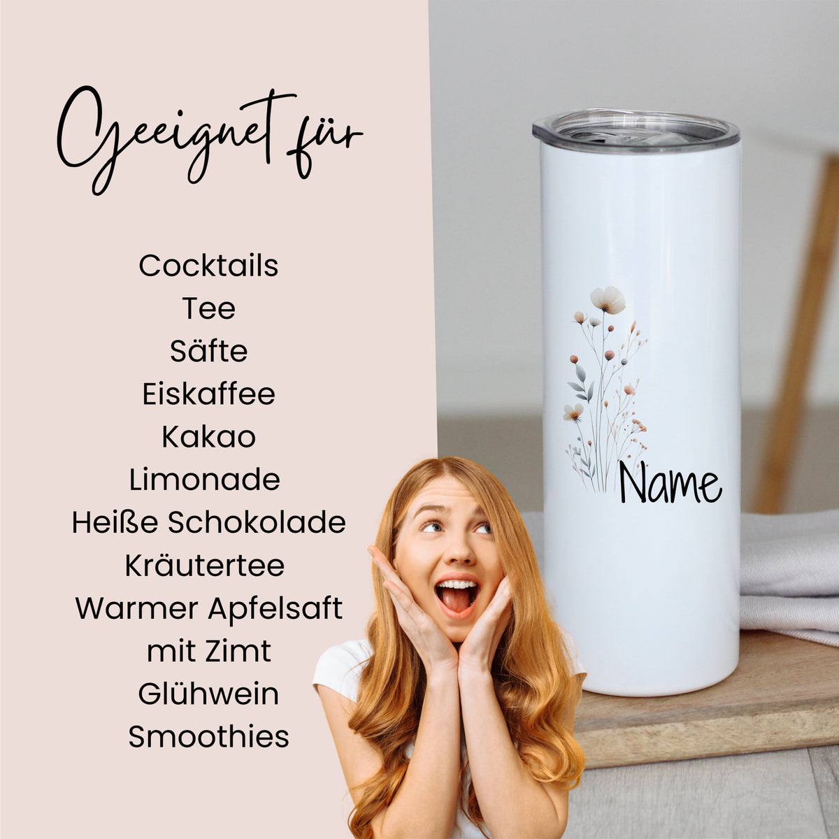 Weißer Thermobecher mit Blumenmotiv und personalisierbarem Namen.