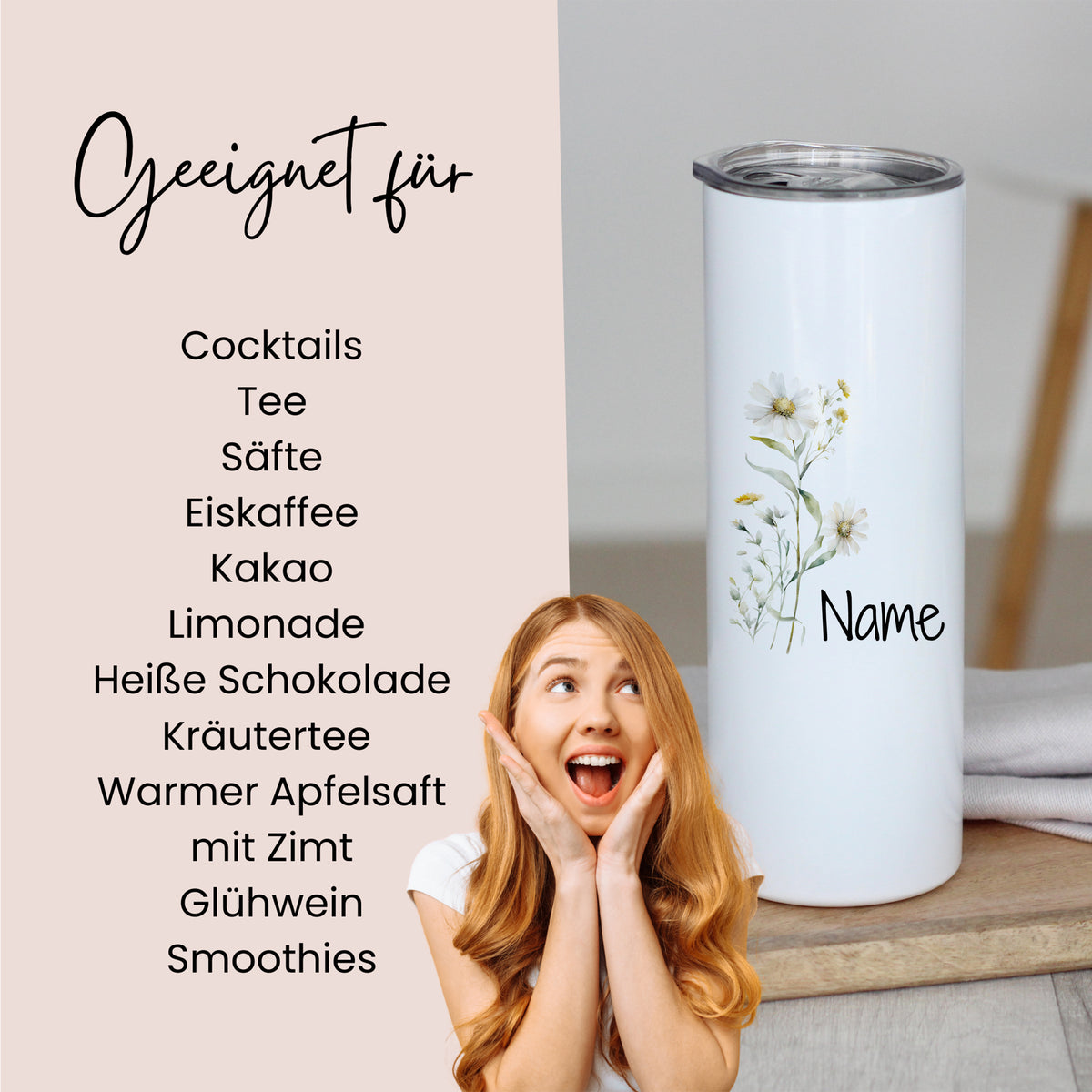 Weißer Becher mit Blumenmotiv, geeignet für verschiedene Getränke.