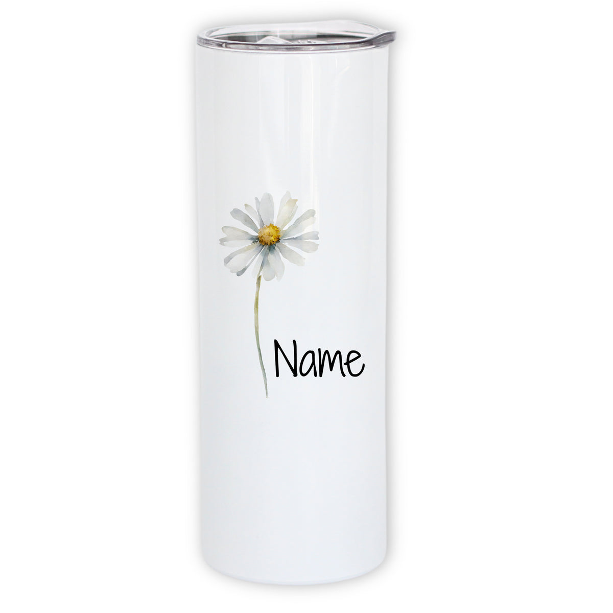 Weißer Becher mit Gänseblümchen und personalisierbarem Namen.