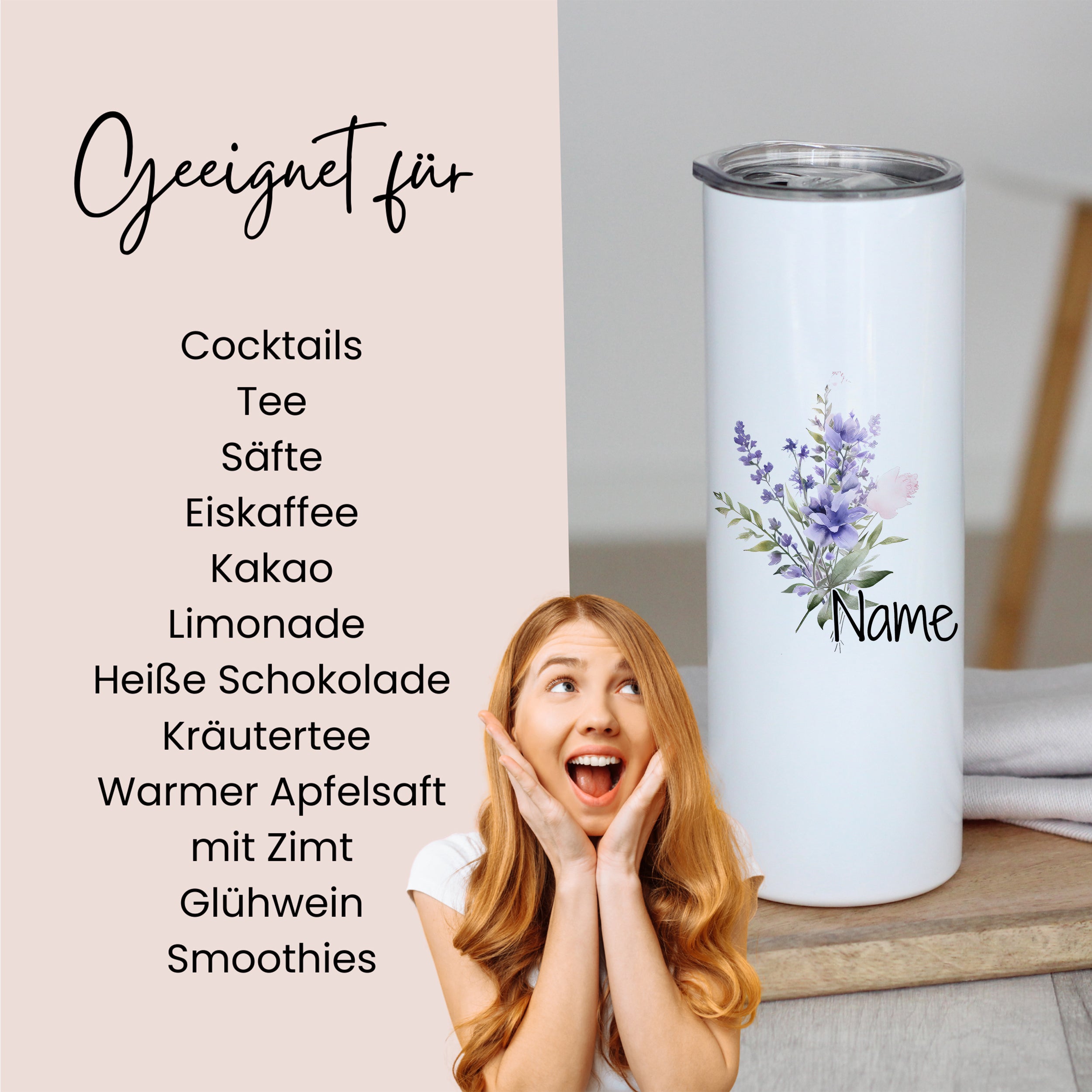 Weißer Trinkbecher mit Blumenmotiv und personalisierbarem Namen.