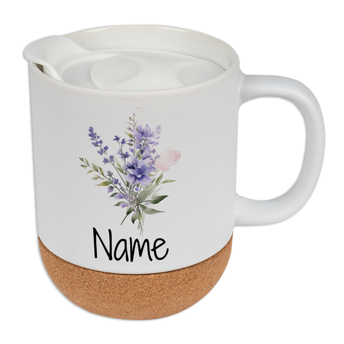 Weißer Becher mit lila Blumen und Korkboden.