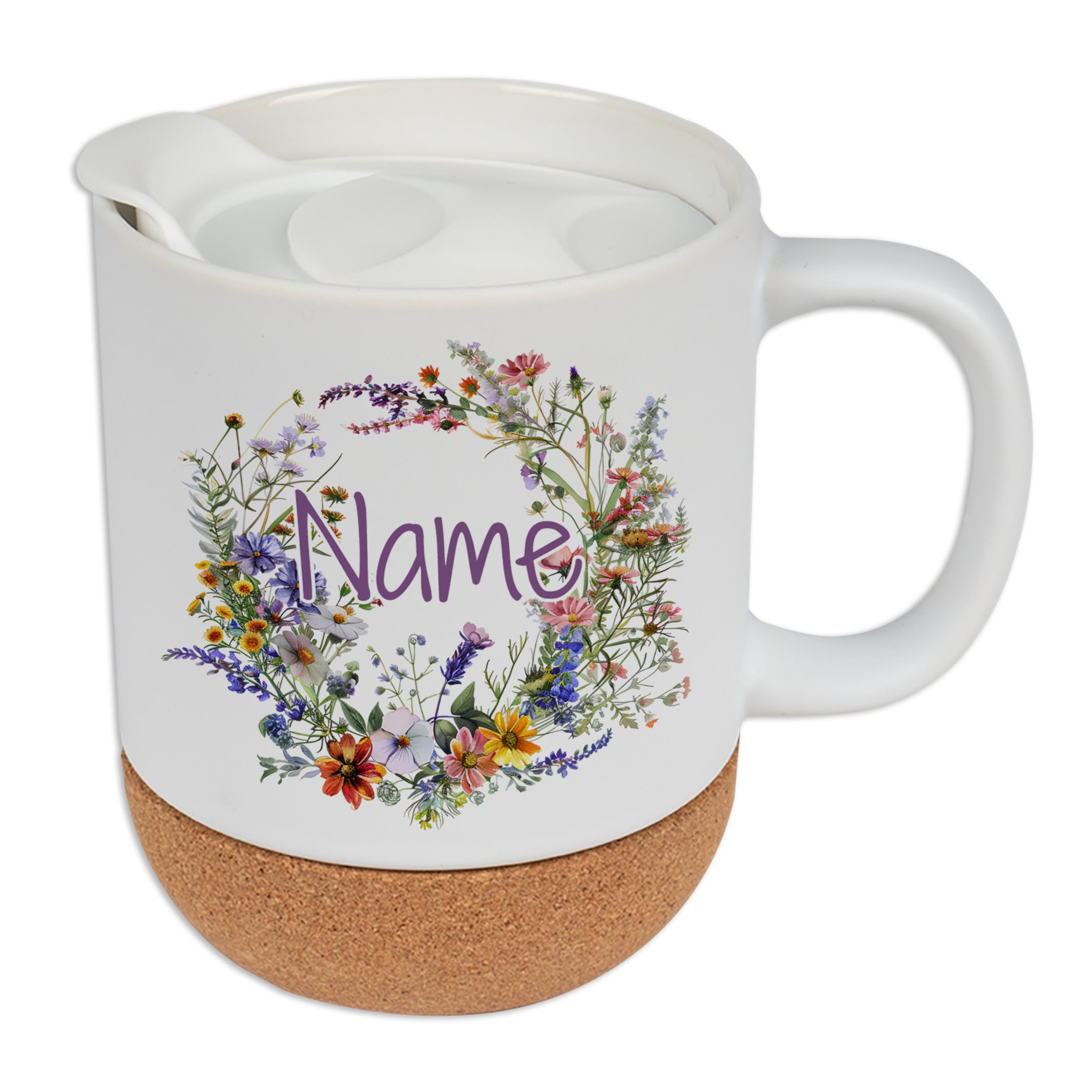 Weißer Becher mit buntem Blumenkranz und Korkboden.
