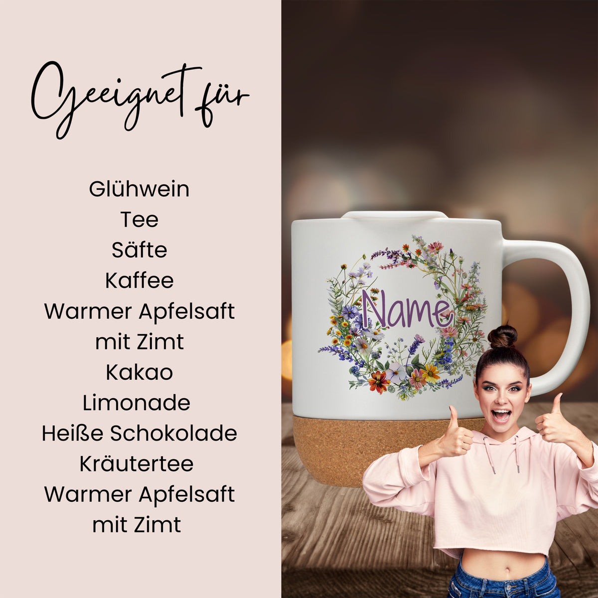 Tasse mit floralem Design und personalisierbarem Namen.