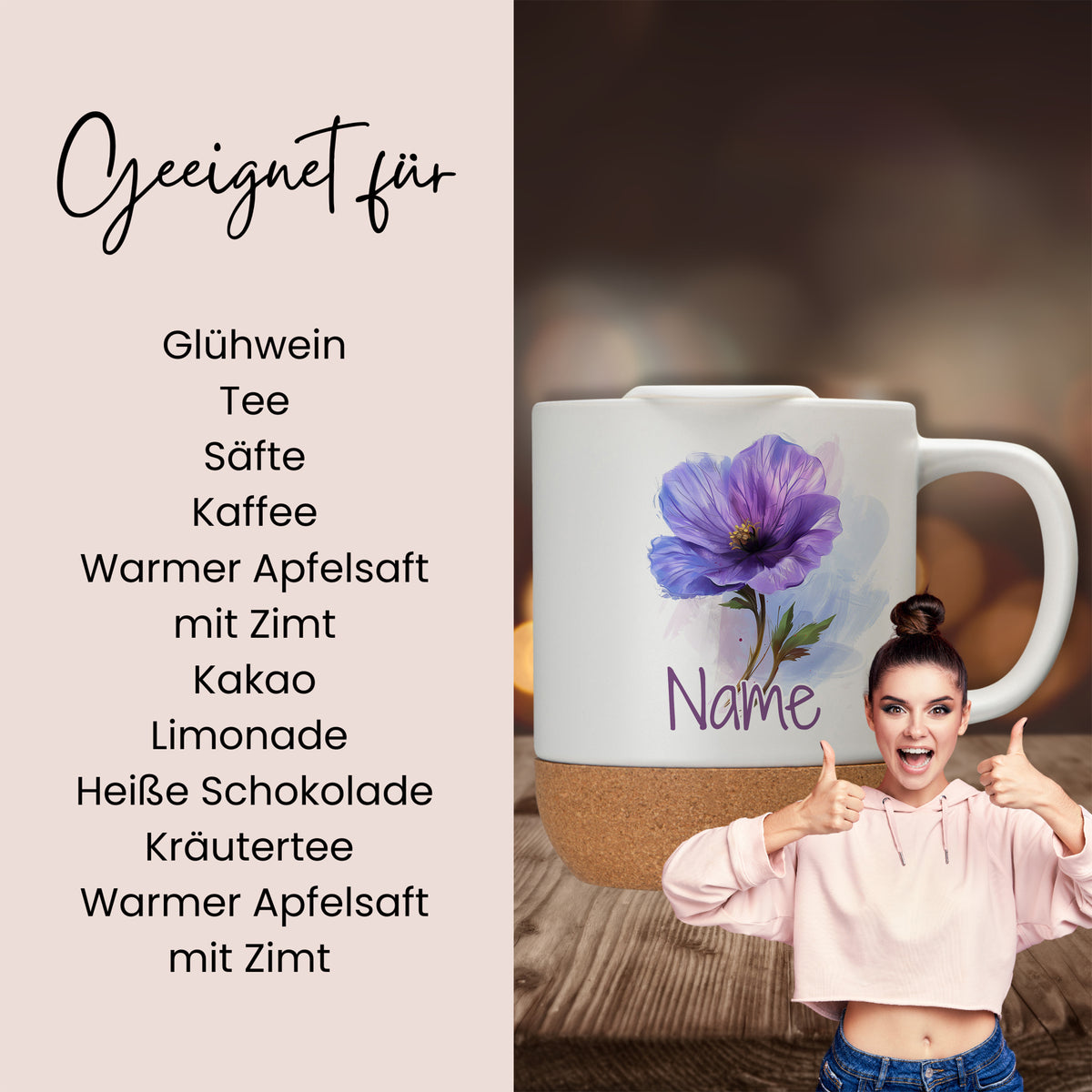 Weißer Becher mit lila Blume und Korkboden.