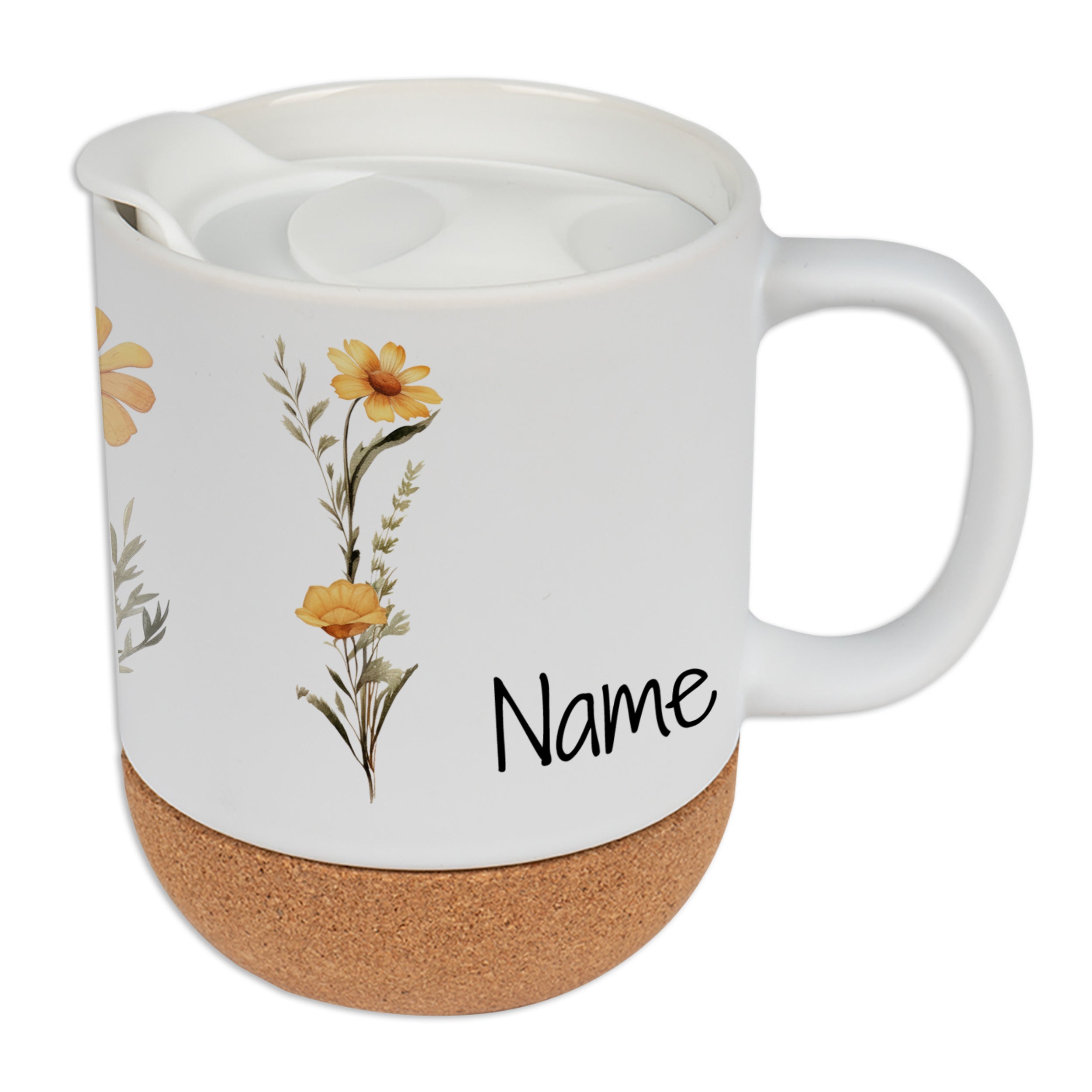 Weiße Tasse mit floralen Motiven und Korkboden.