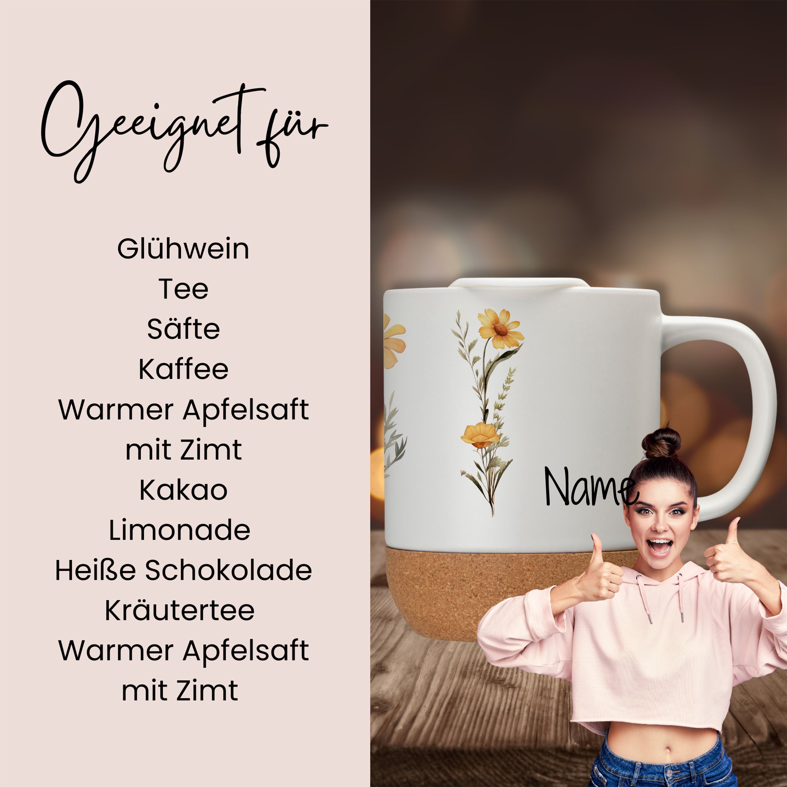 Tasse mit floralen Motiven, beige und brauner Keramik.