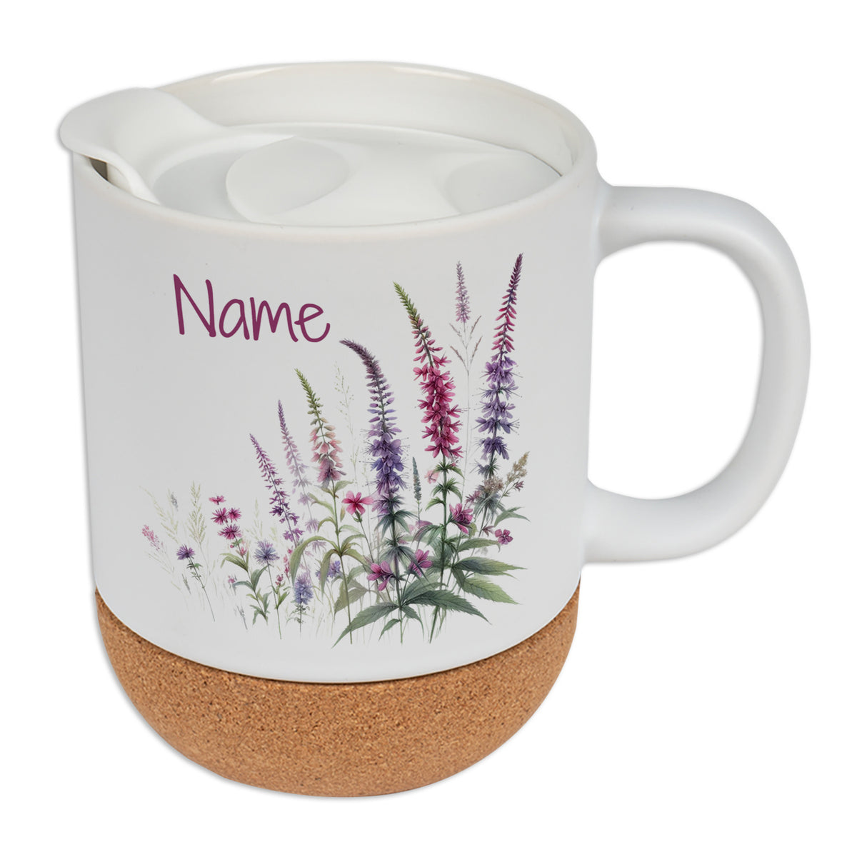 Becher mit floralen Motiven und Korkboden, personalisierbar.