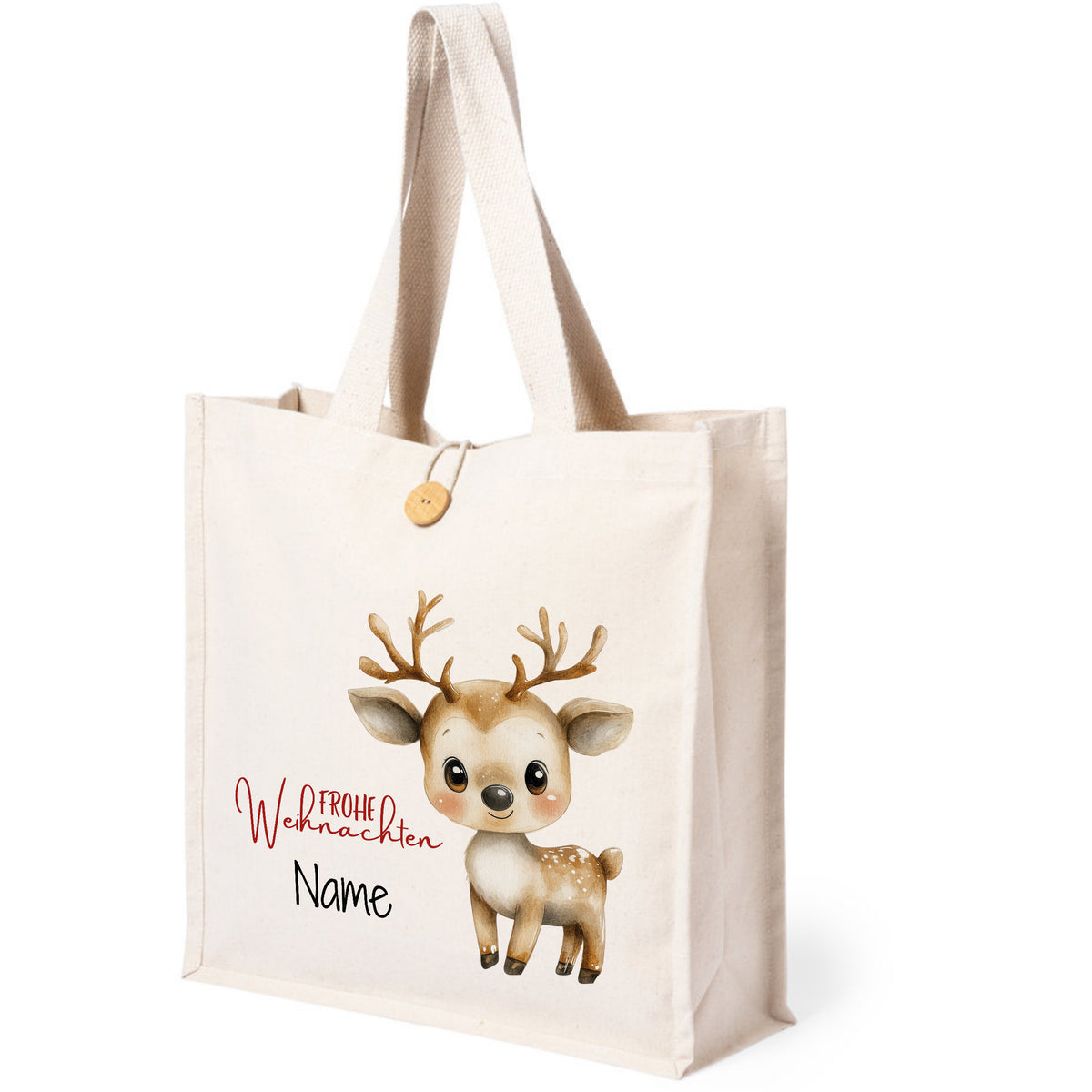 Beige Weihnachtsstofftasche mit Rentier und personalisierbarem Namen.