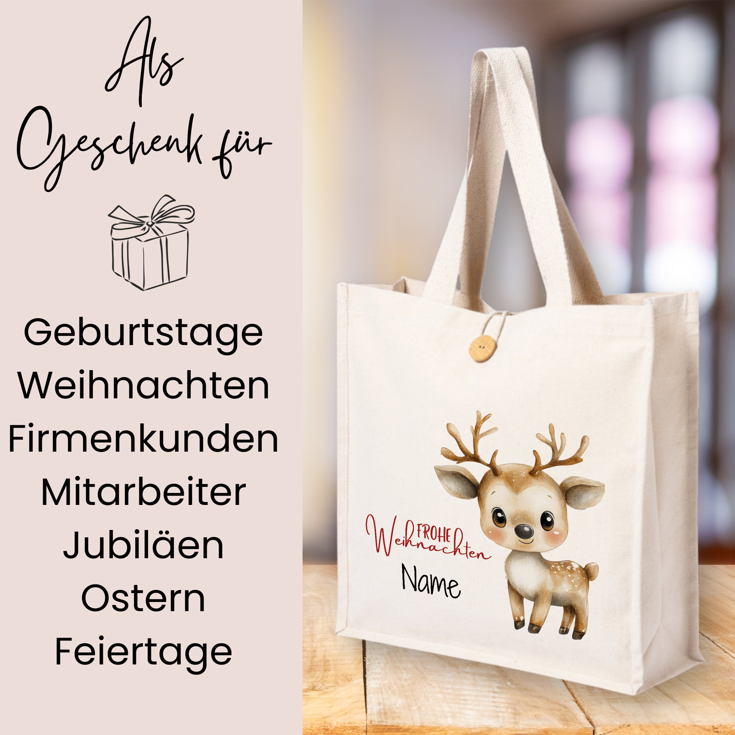 Beige Stofftasche mit niedlichem Rentier-Motiv und personalisierbarem Namen.
