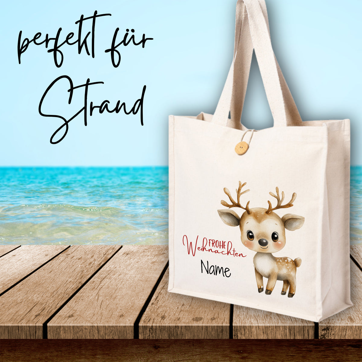 Beige Tasche mit Rentiermotiv und Weihnachtsgruß.