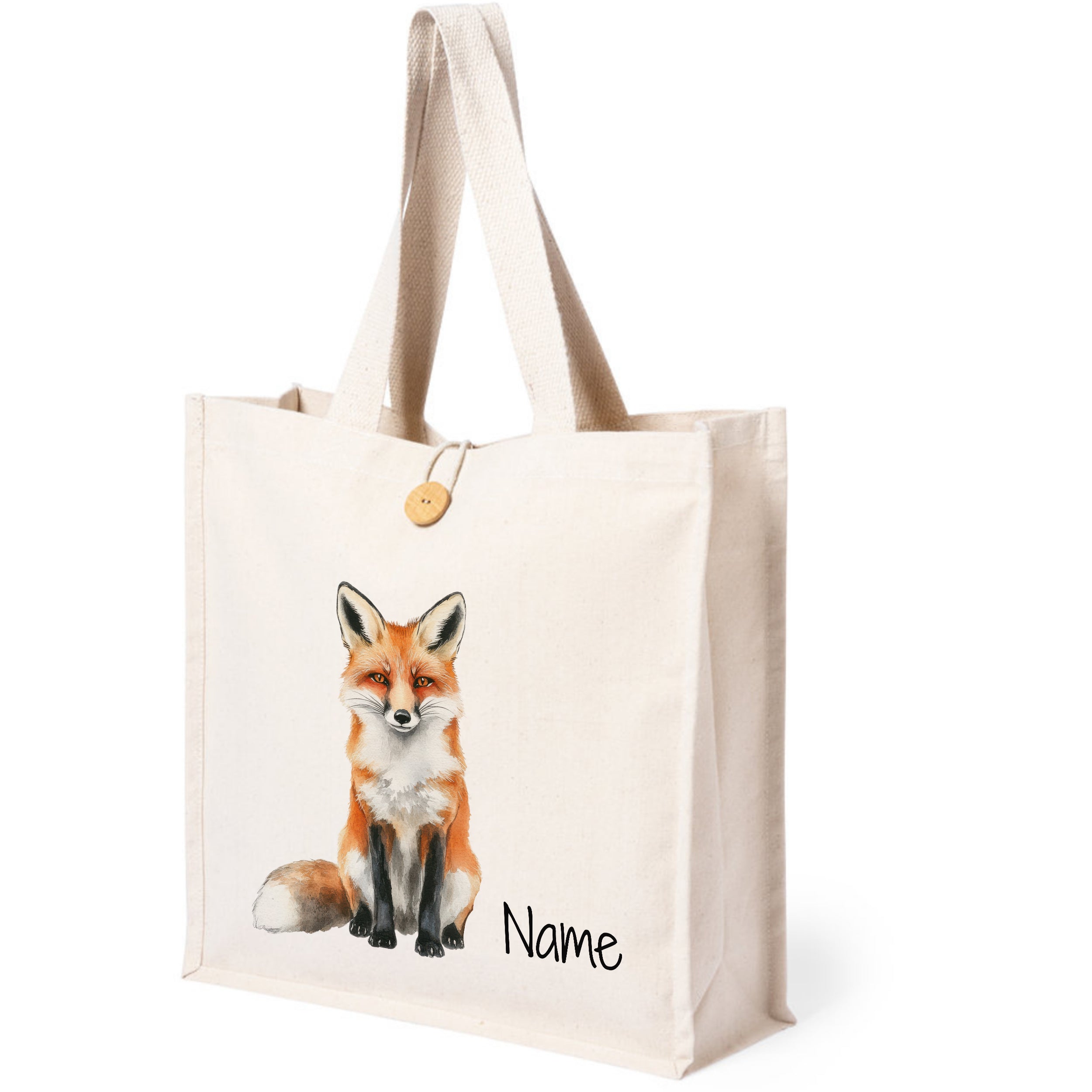 Beige Tasche mit Fuchs-Motiv und personalisierbarem Namen.