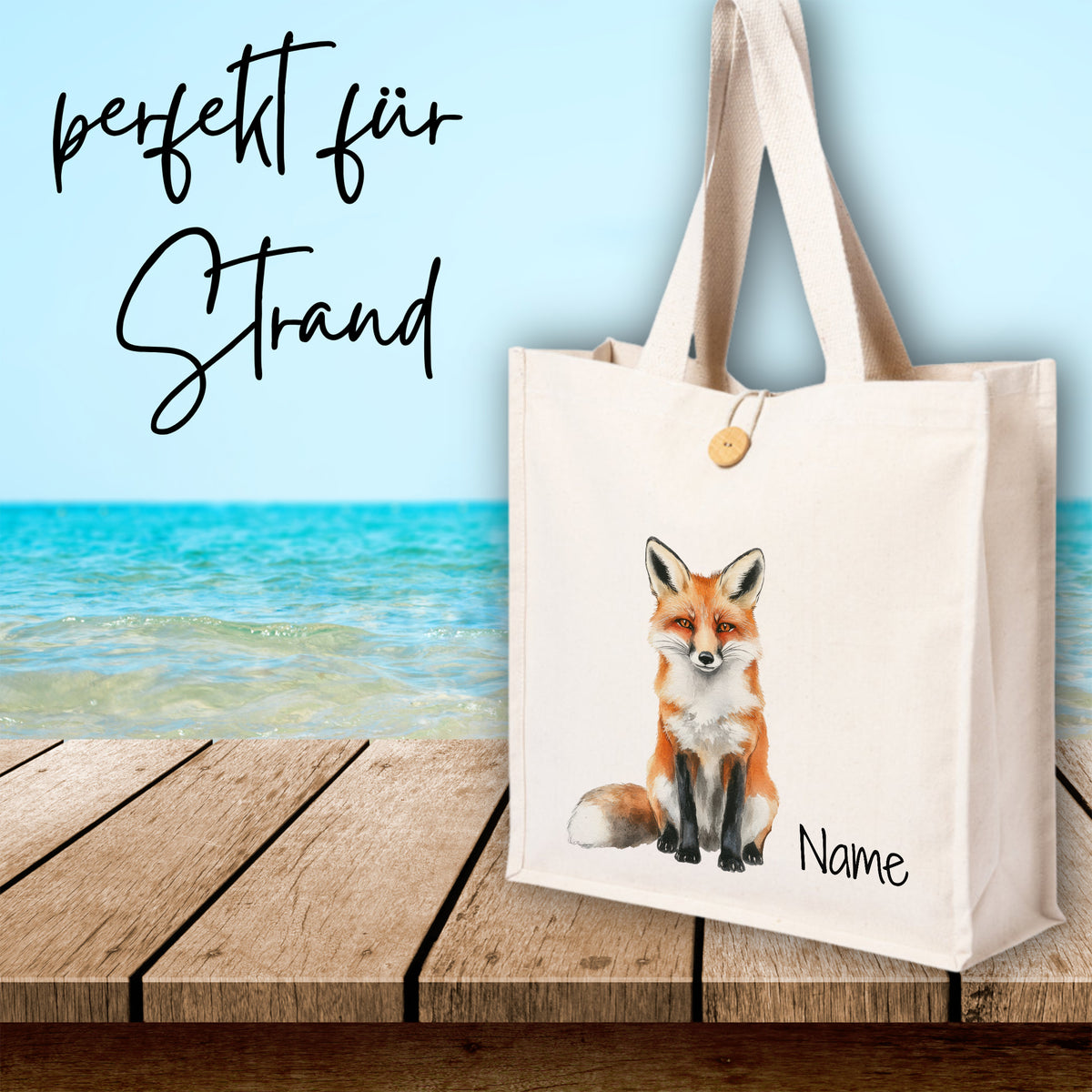 Beige Strandtasche mit Fuchs-Motiv und personalisierbarem Namen.