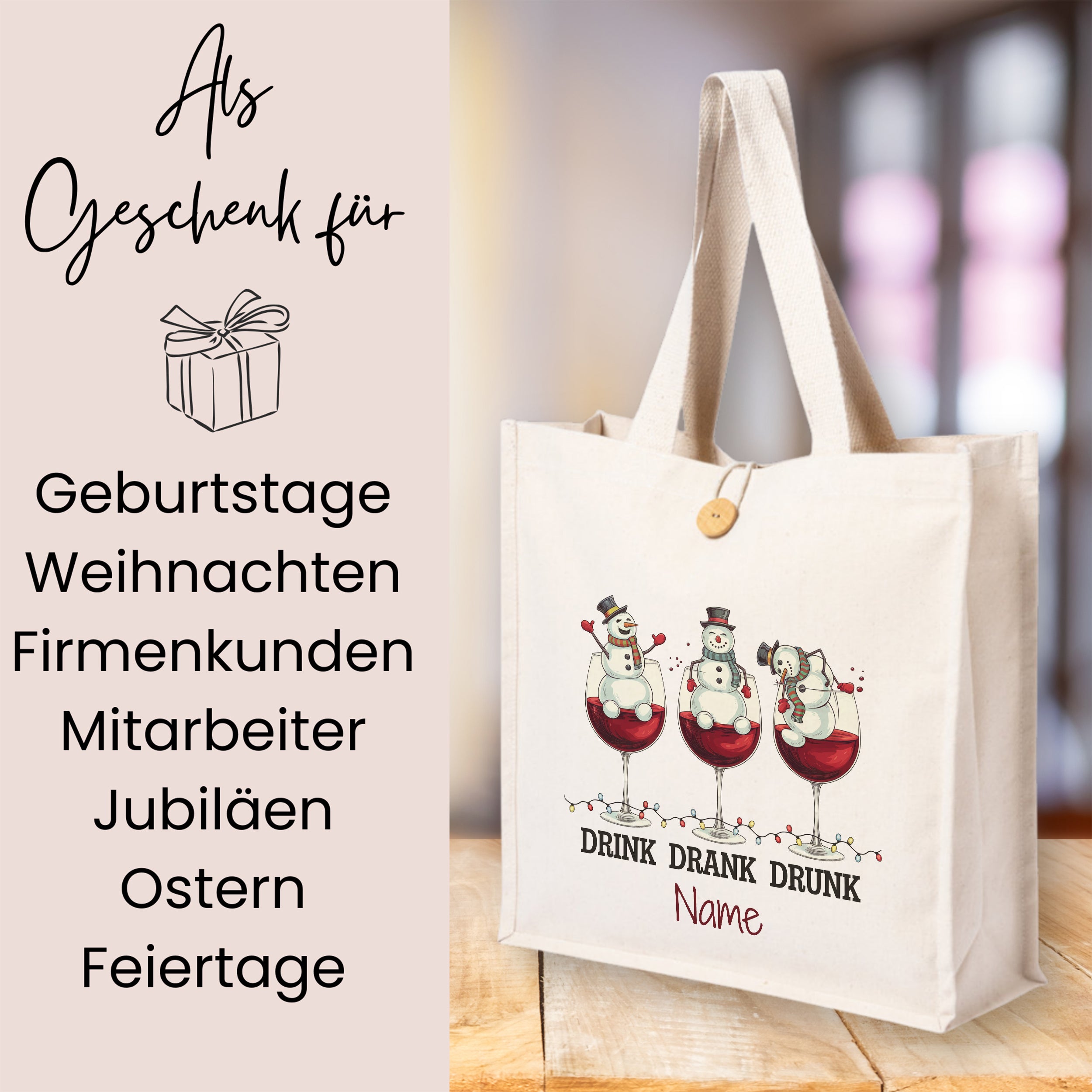 Beige Tragetasche mit Schneemännern und rotem Wein.