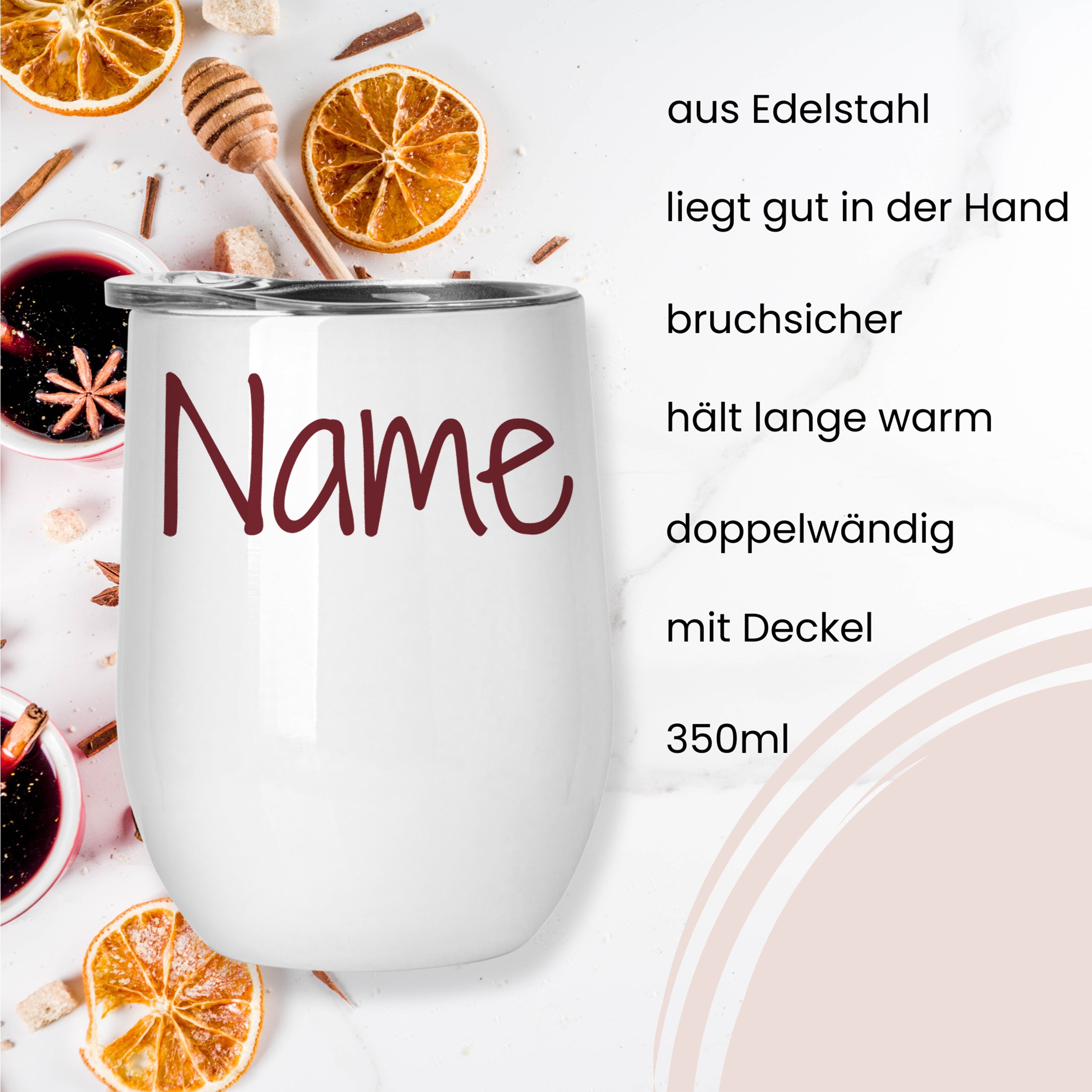 Edelstahlbecher, bruchsicher, doppelwandig, 350ml, mit Deckel.