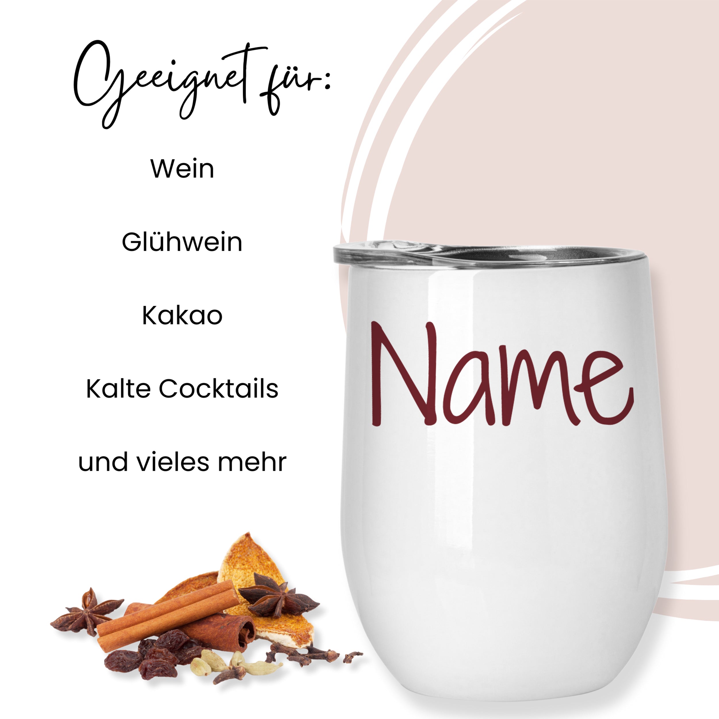 Weißer Becher mit personalisierbarem Namen, geeignet für Getränke.