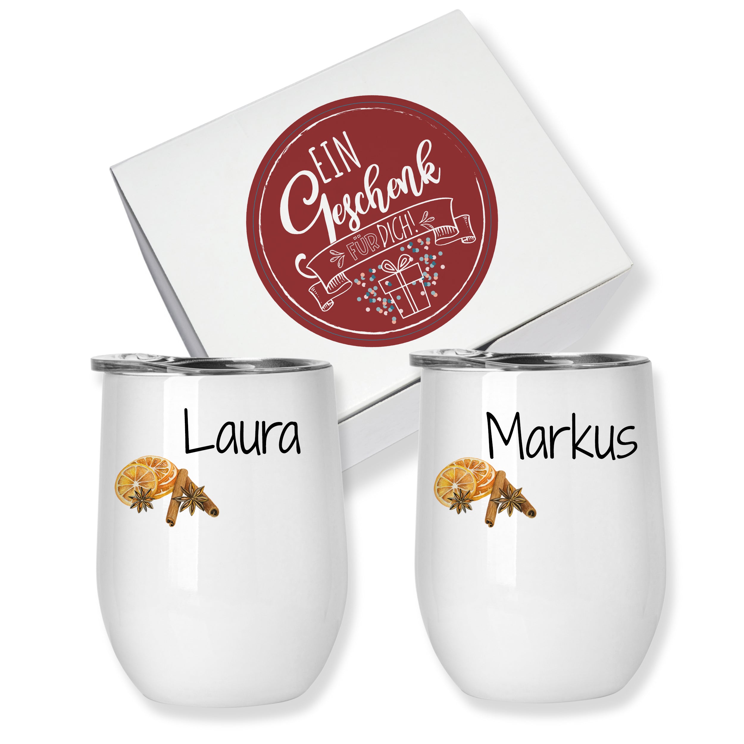 Personalisierte weiße Becher mit Namen Laura und Markus.