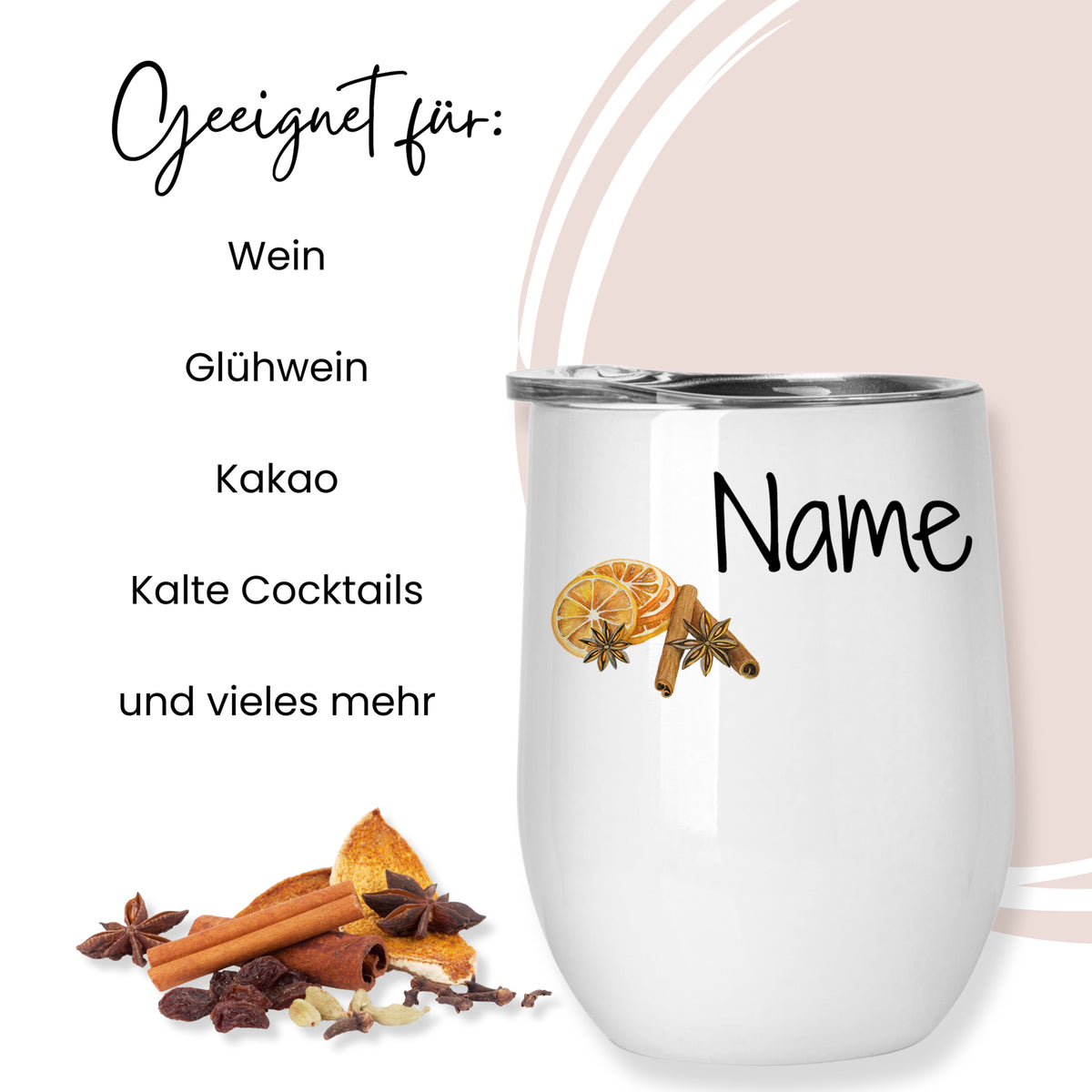 Weißer Becher mit Zimt und Orange, personalisierbar.