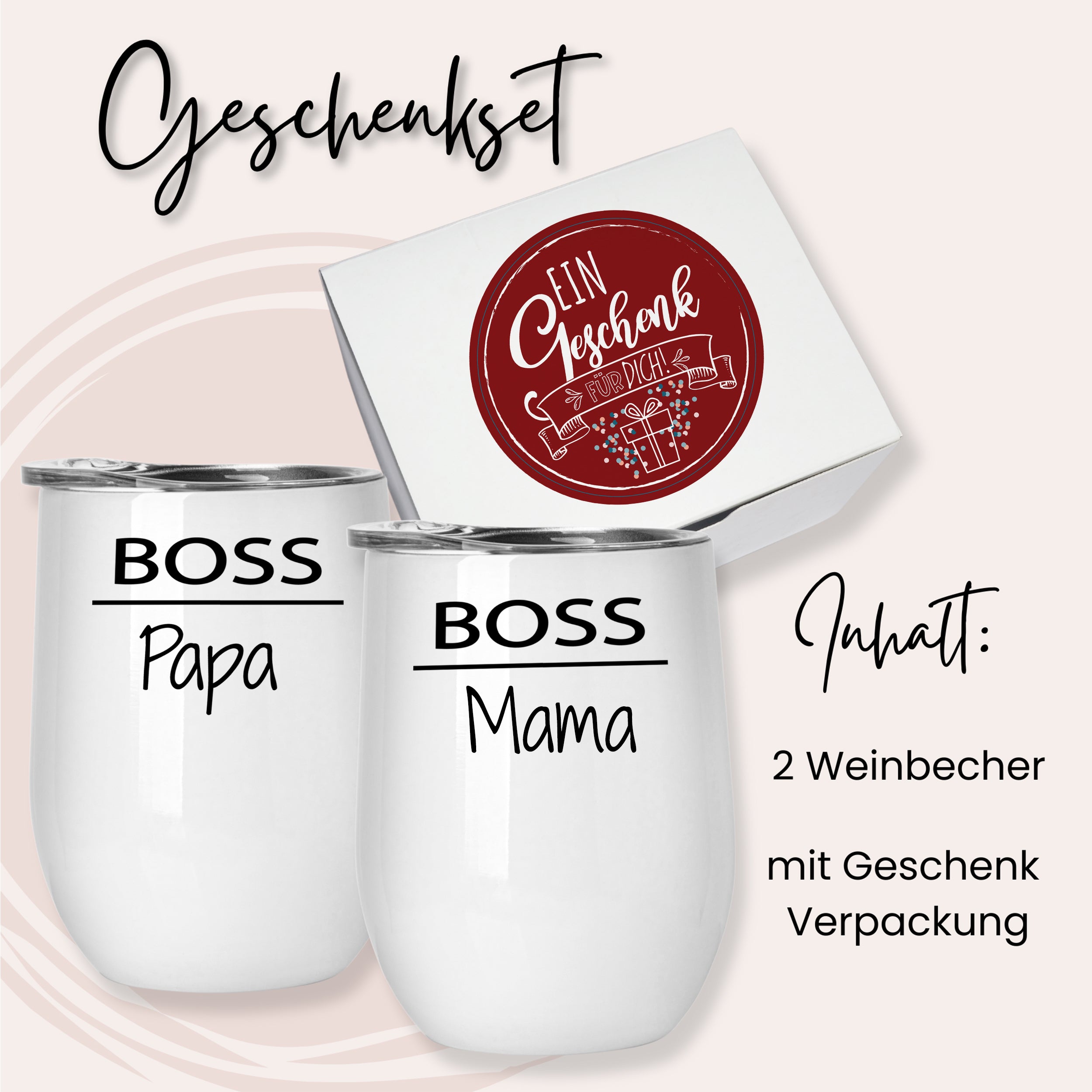 Geschenkset mit zwei weißen Weinbechern "BOSS Papa" und "BOSS Mama"