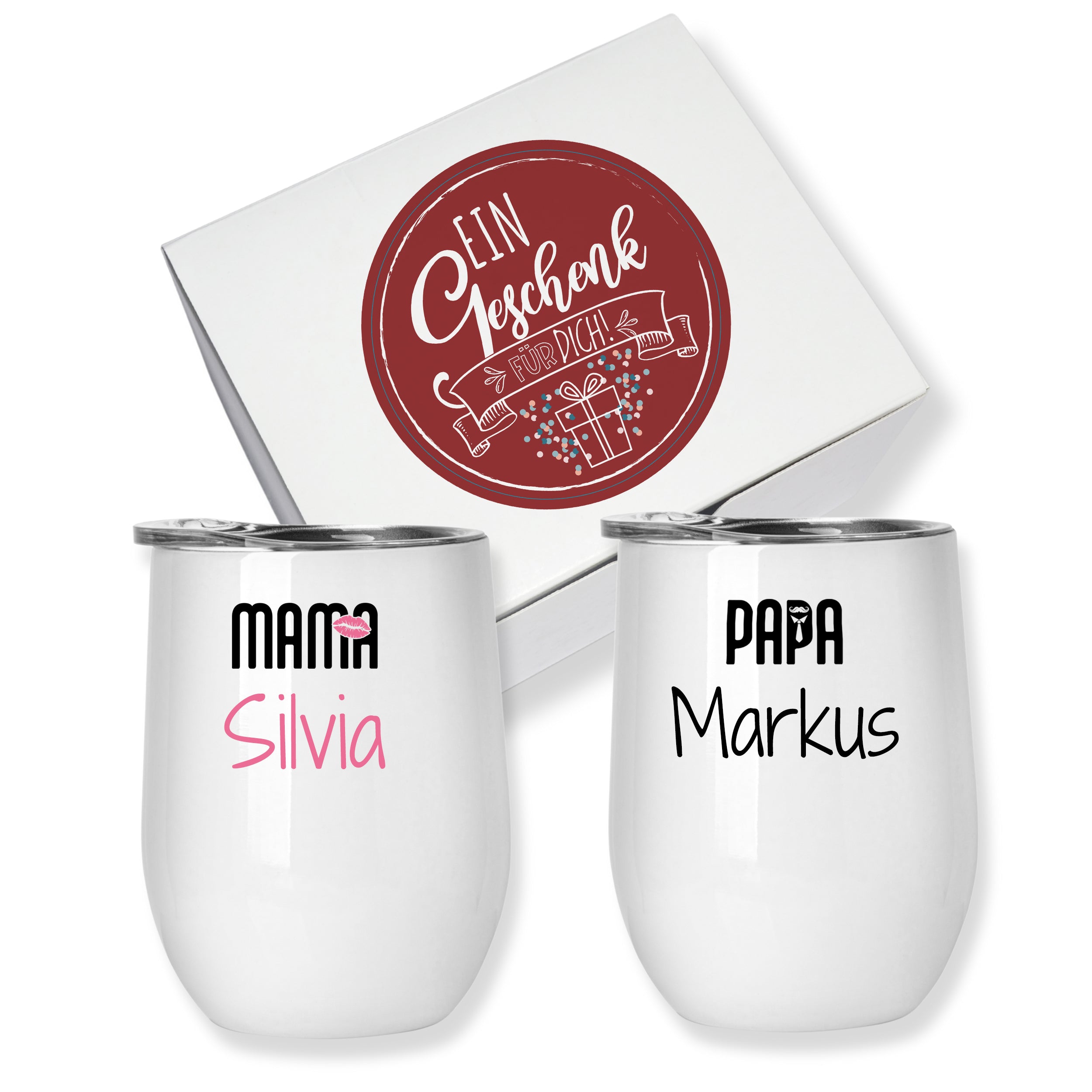 Weiße Tassen mit Namen Silvia und Markus, Geschenkbox.