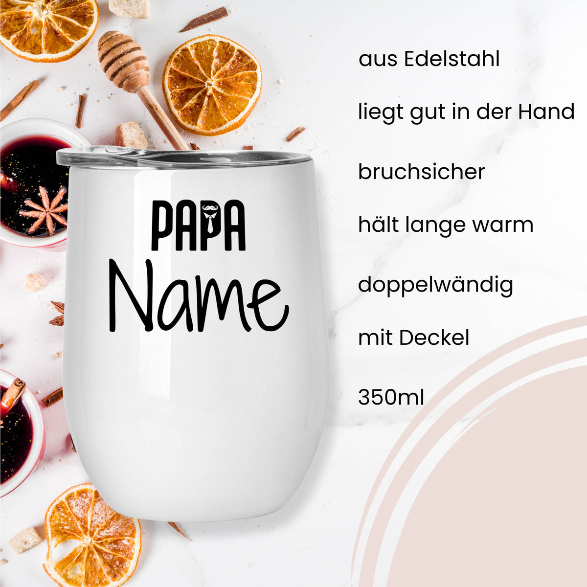Weißer Edelstahlbecher mit Deckel, 350ml, personalisierbar.