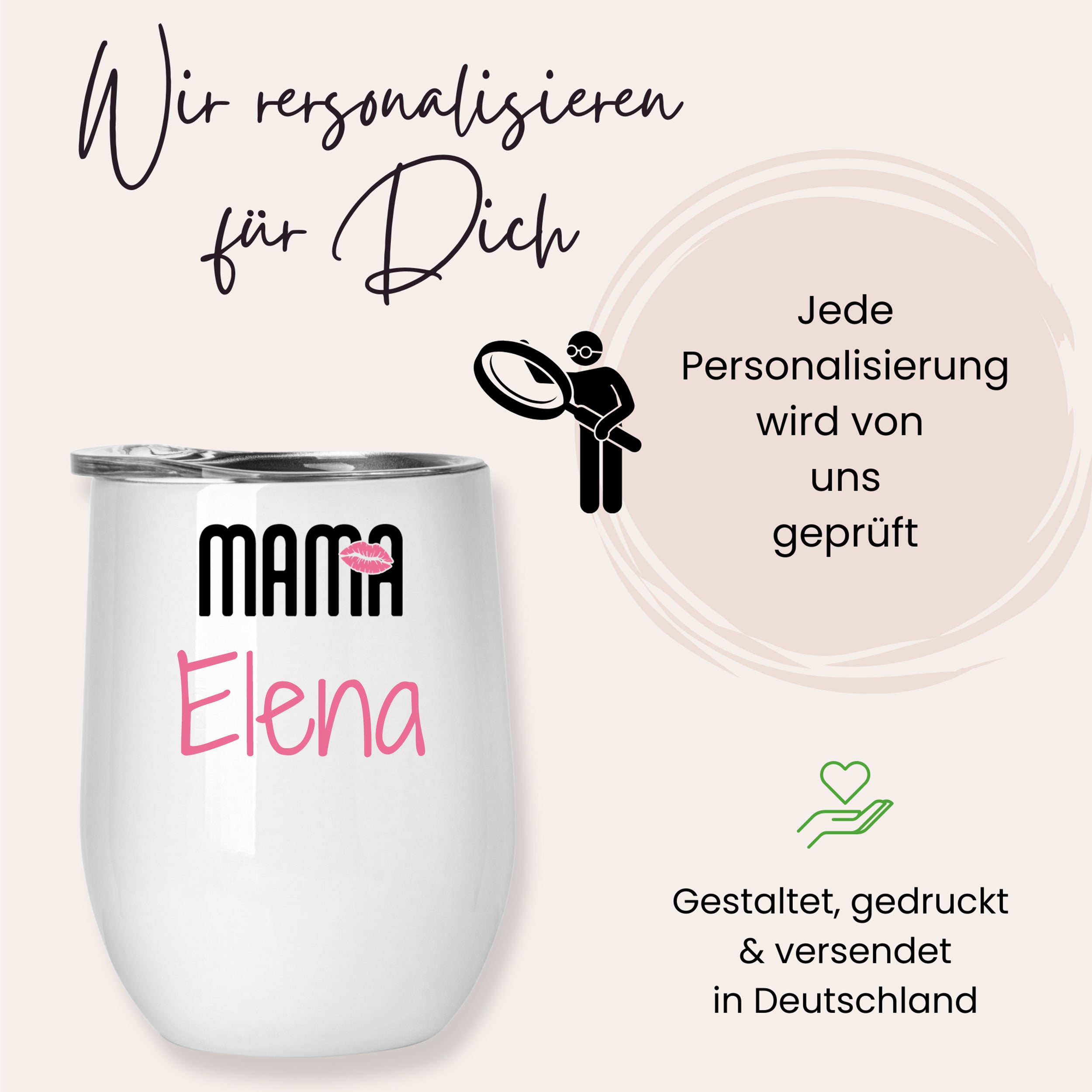 Weißer personalisierter Becher mit rosa Schriftzug "Mama Elena".