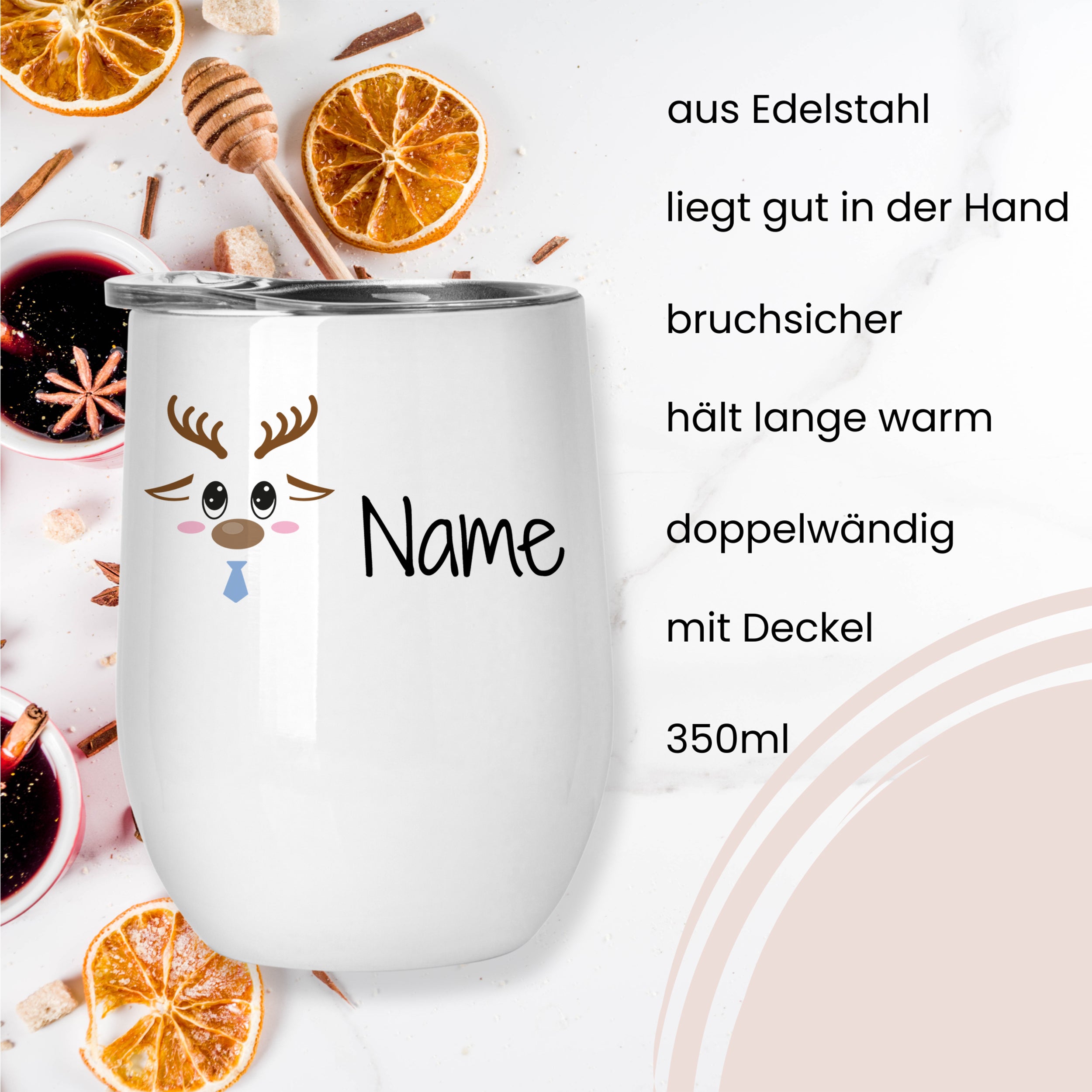 Edelstahlbecher mit Deckel, 350ml, bruchsicher, doppelwandig.