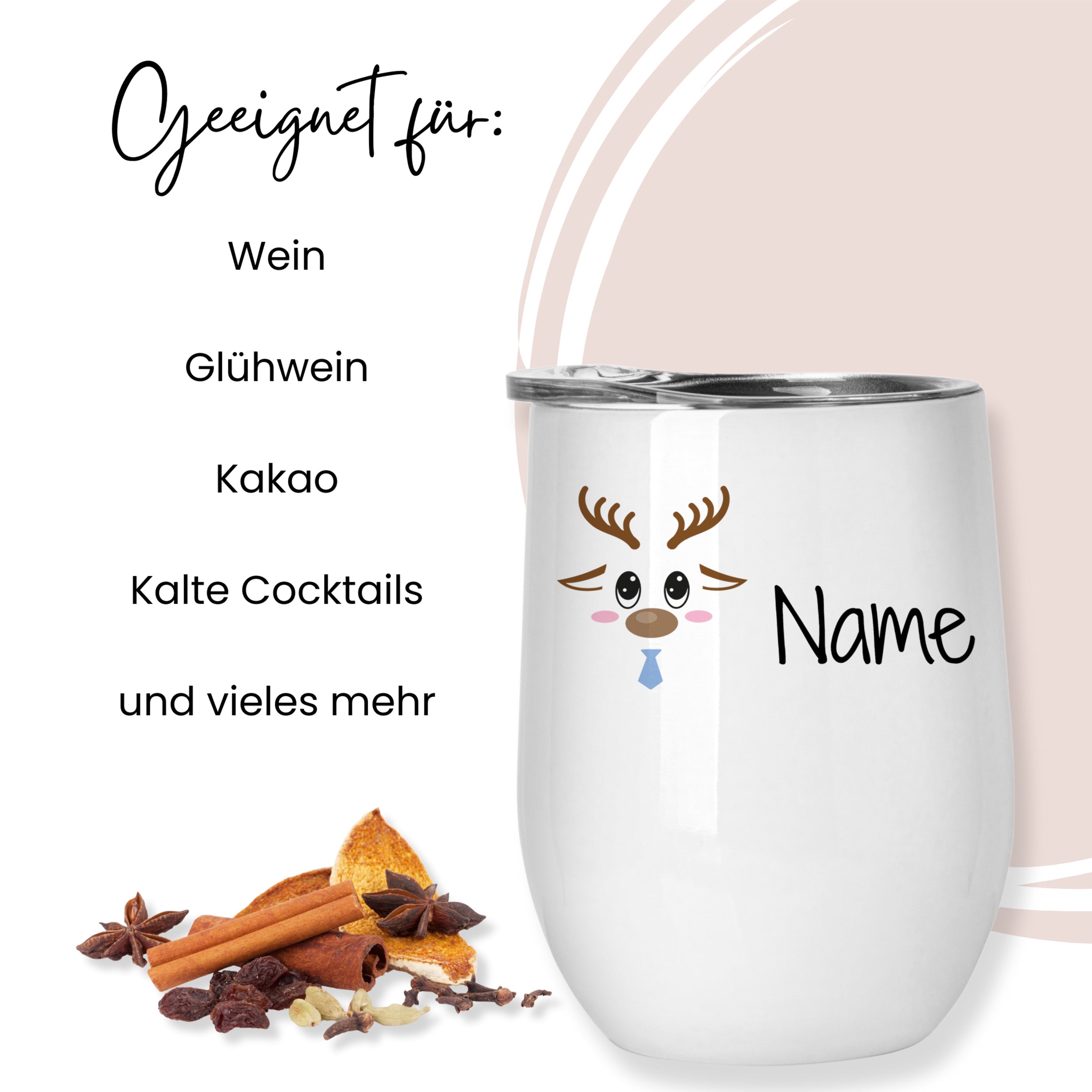 Weißer Becher mit Rentiermotiv, geeignet für Getränke.