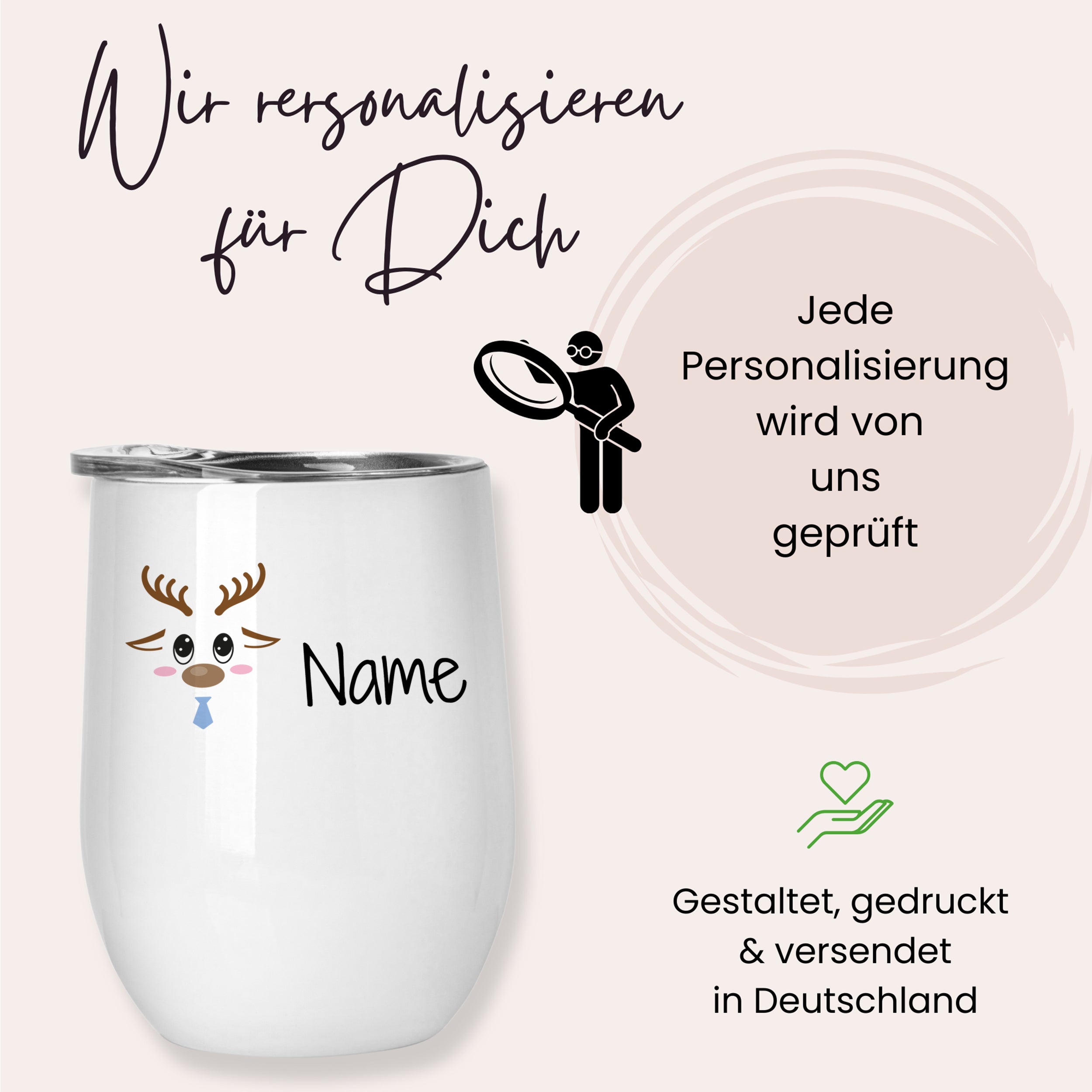 Weißer personalisierbarer Becher mit Rentier-Motiv und Name.